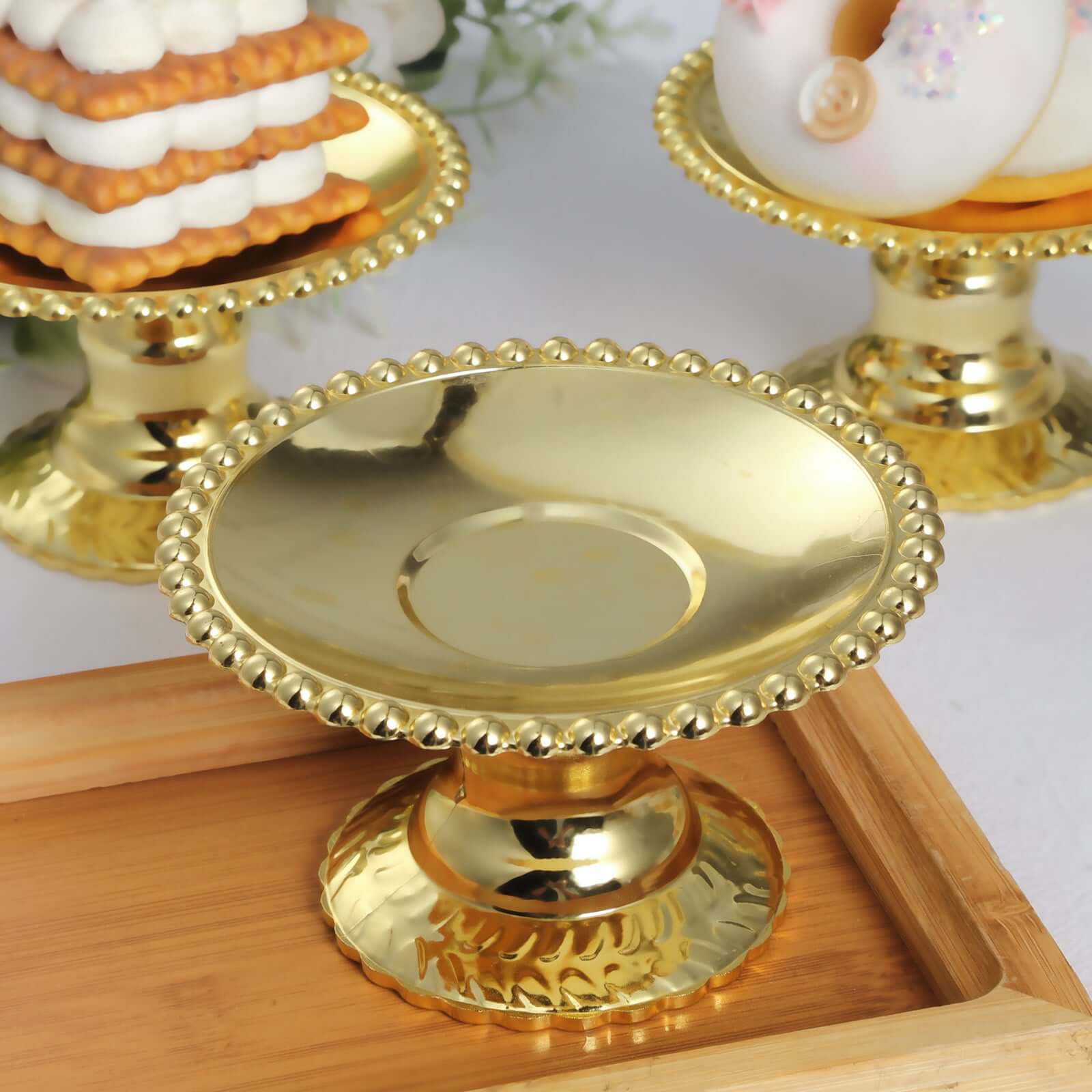 12-Pack Plastic Pedestal Cupcake Plates Mini Gold Mirror Finish Beaded Rim - Great for Displays 5