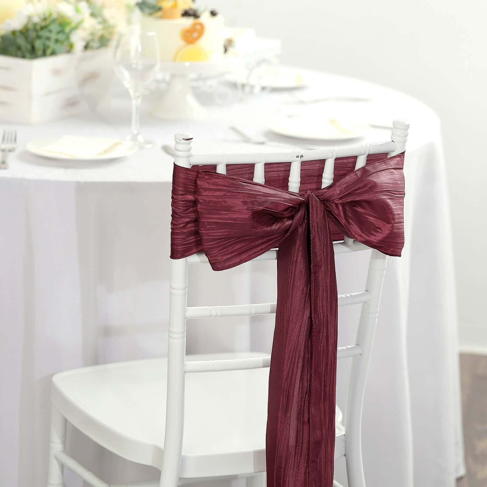 5 Pack Taffeta 6x106 Chair Sashes Burgundy Accordion Crinkle Texture - Stylish Decor for Weddings & Gatherings