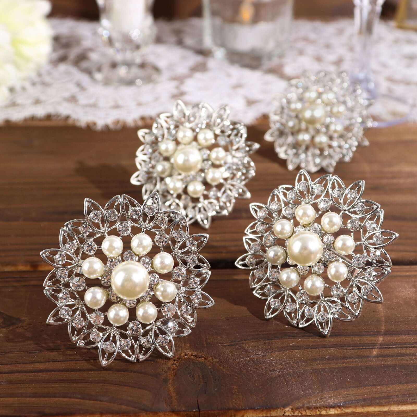 4 Pack Pearl And Diamond Rhinestone Flower Silver Metal Napkin Rings, Decorative Napkin Buckle Holders