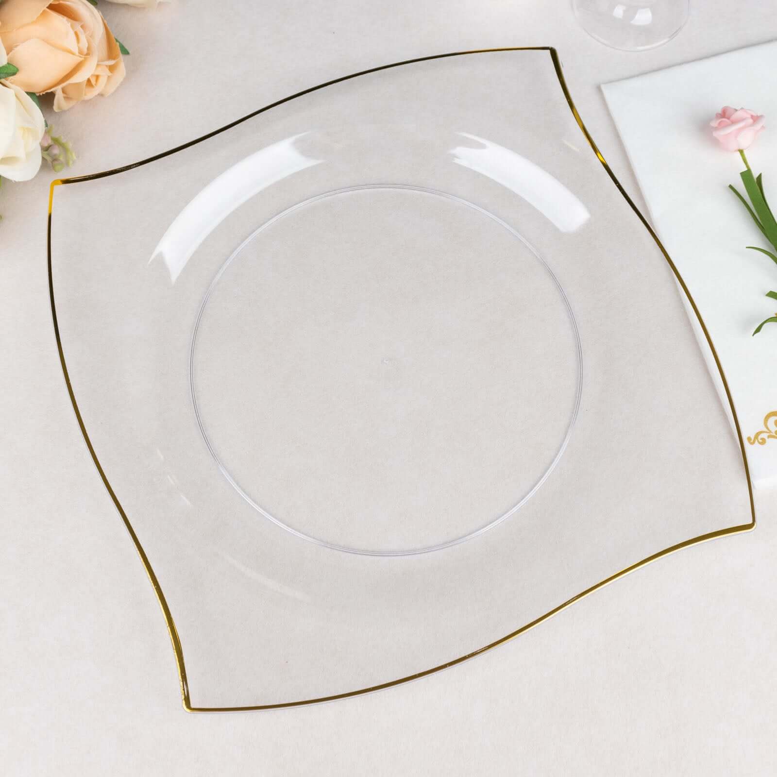 10-Pack Plastic 10 Square Dinner Plates in Clear with Gold Wavy Rim Modern - Disposable Party Plates