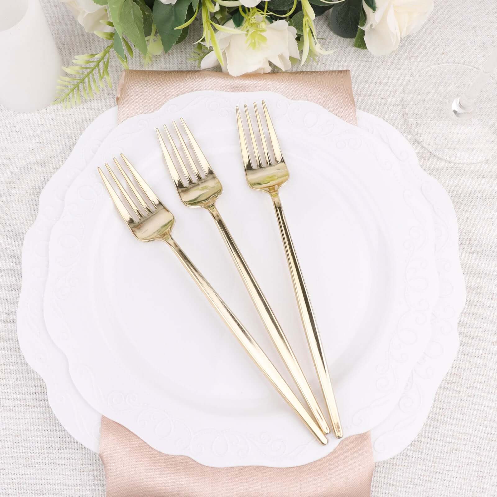 24 Pack 8 Glossy Gold Heavy Duty Plastic Silverware Forks Cutlery, Premium Disposable Sleek Flatware