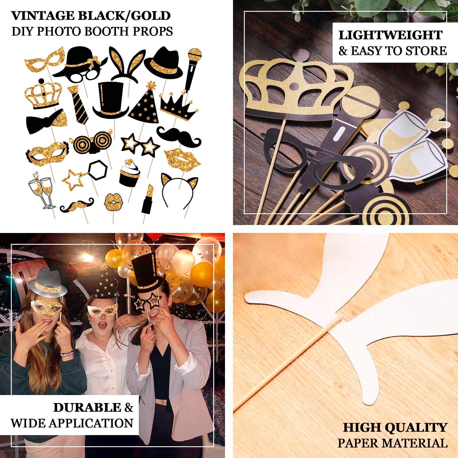 24 Pack Vintage Black Gold Glitter Fun Party Photo Booth Props, DIY Party Theme Supplies