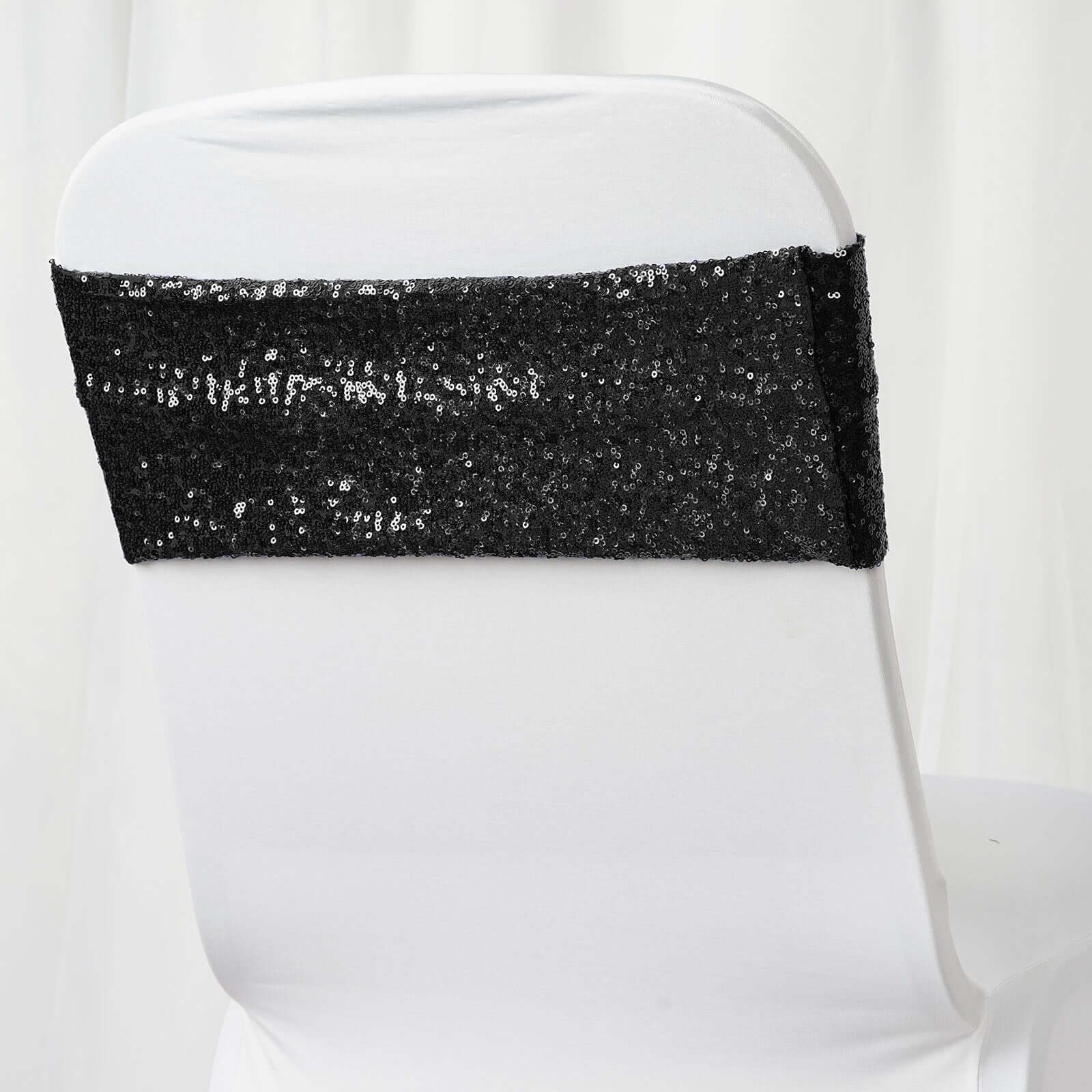 5 Pack Sequin Spandex Chair Sashes Black - Sparkly Stretch Chair Bands for Glamorous Events 6x15