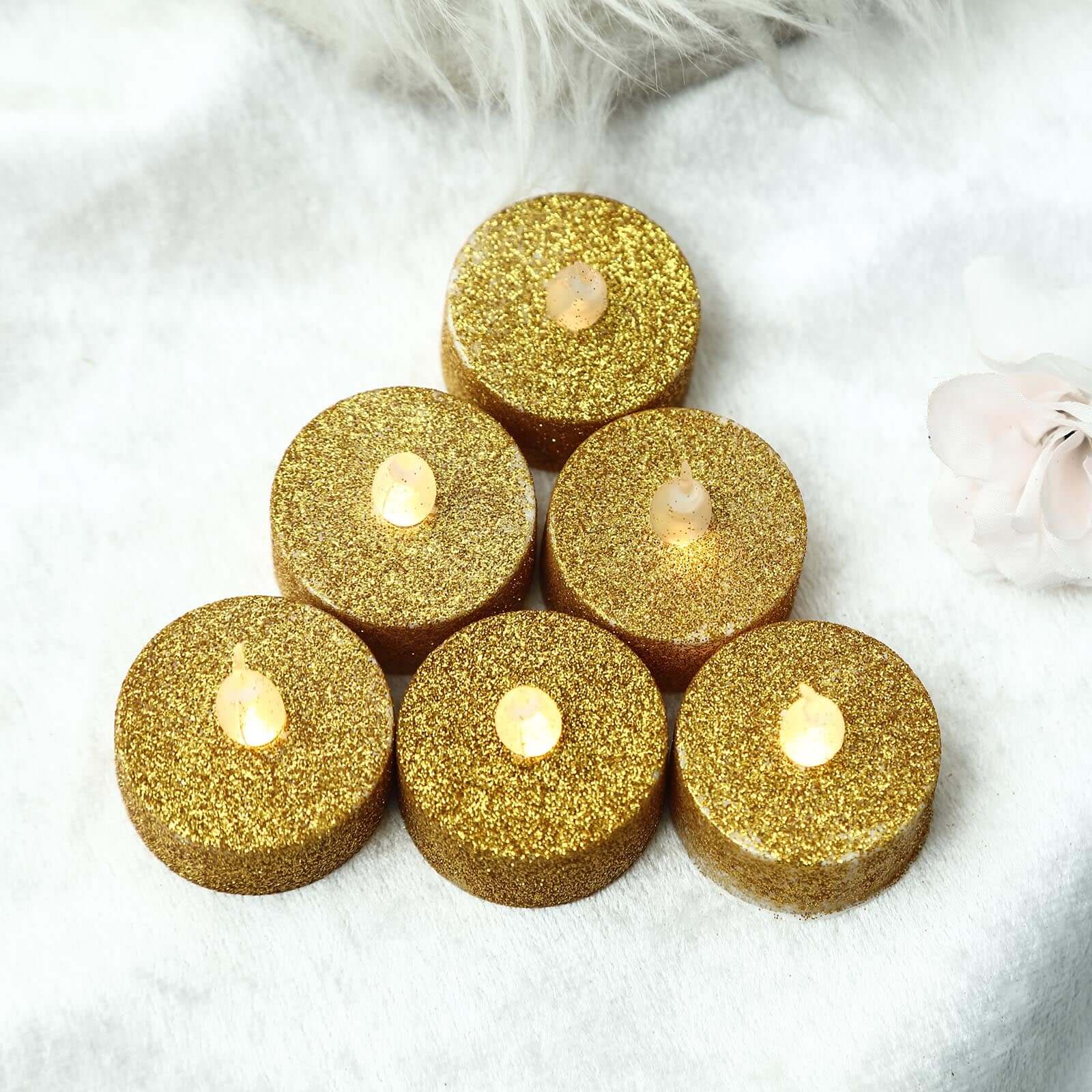 12-Pack LED Tealight Candles Glitter Gold Design - Flameless Battery Operated Tea Lights