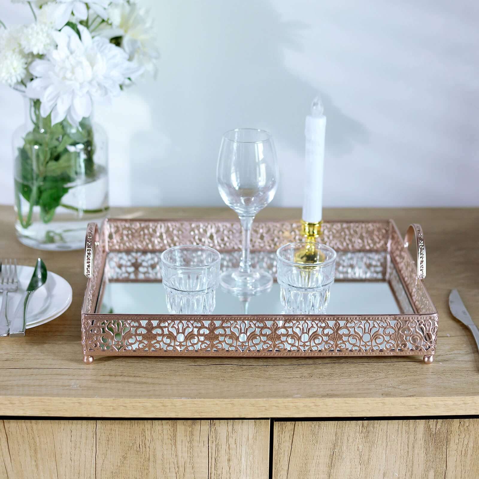 Metal Mirrored Rectangle Serving Tray 16x12 in Rose Gold Fleur De Lis Design with Handles, French Inspired Decorative Vanity Tray Centerpiece