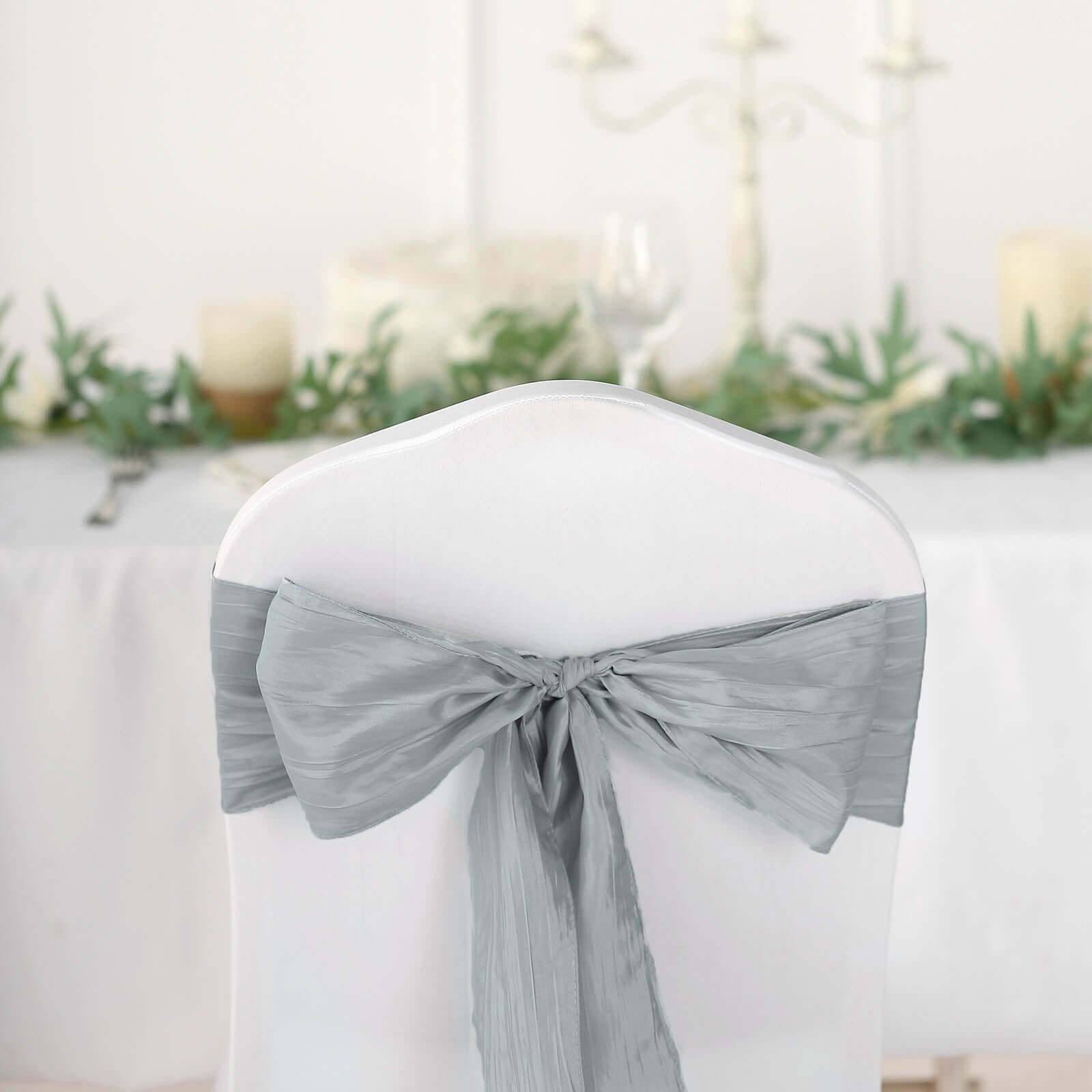 5 Pack Taffeta 6x106 Chair Sashes Silver Accordion Crinkle Texture - Stylish Decor for Weddings & Gatherings