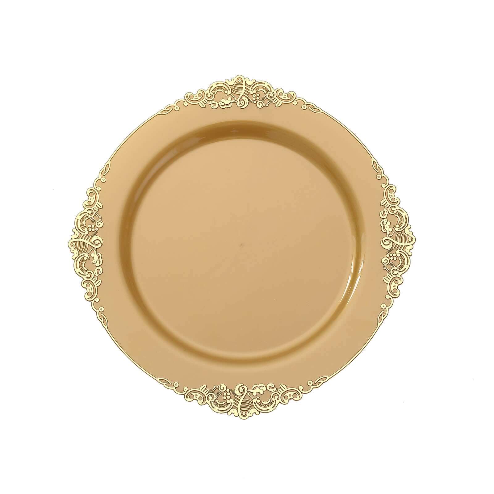 10-Pack Plastic 10 Round Dinner Plates in Gold with Leaf Embossed Rim - Disposable Vintage Baroque Style Plates for Luxurious Gatherings & Events