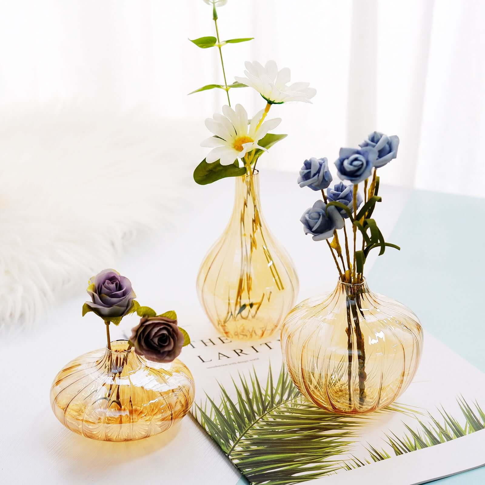 Set of 3 Gold Glass Ribbed Design Mini Flower Bud Vases, Table Centerpiece Set - Assorted Sizes