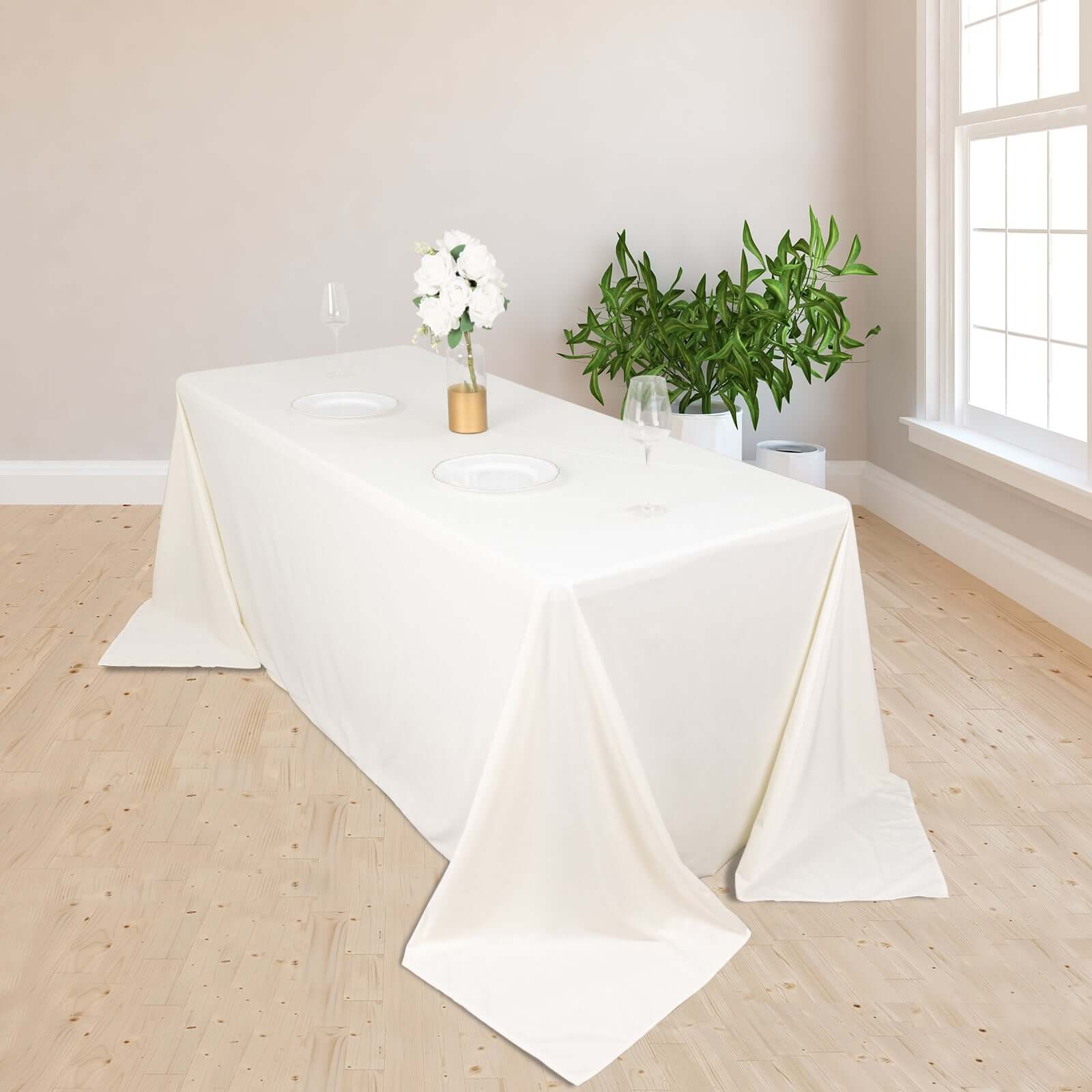 Premium Scuba Rectangular 90x132 Tablecloth Ivory - Wrinkle Free, Stain Resistant & Seamless Table Cover