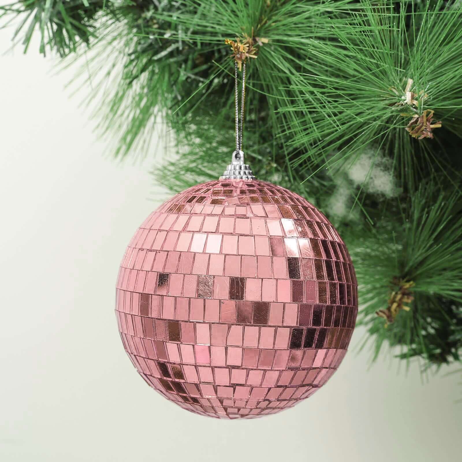 4 Pack 4 Rose Gold Foam Disco Mirror Ball With Hanging Strings, Holiday Christmas Ornaments