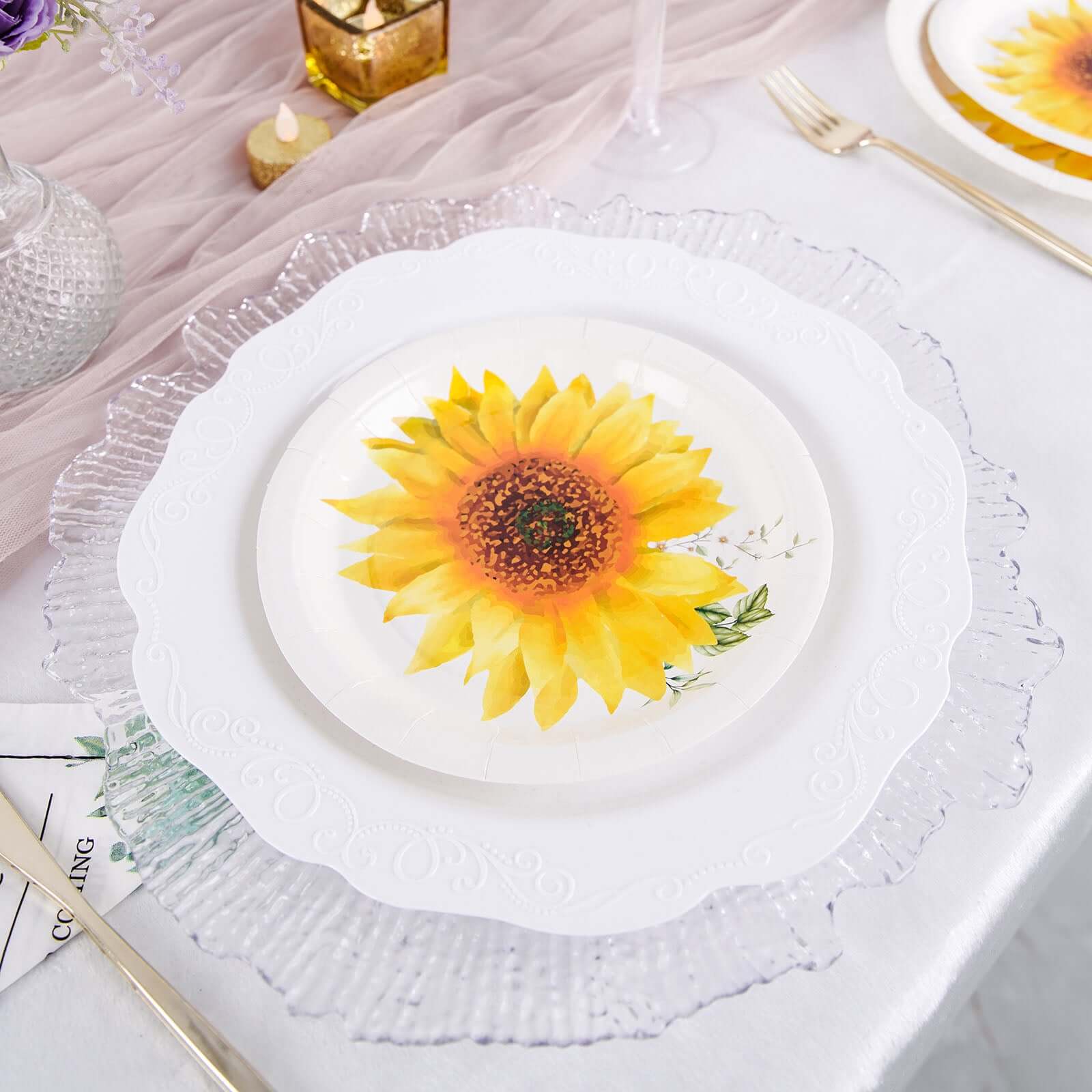 25-Pack Paper 7 Round Dessert Plates White with Sunflower Design - Disposable Salad Plates for Rustic Events & Garden Themes