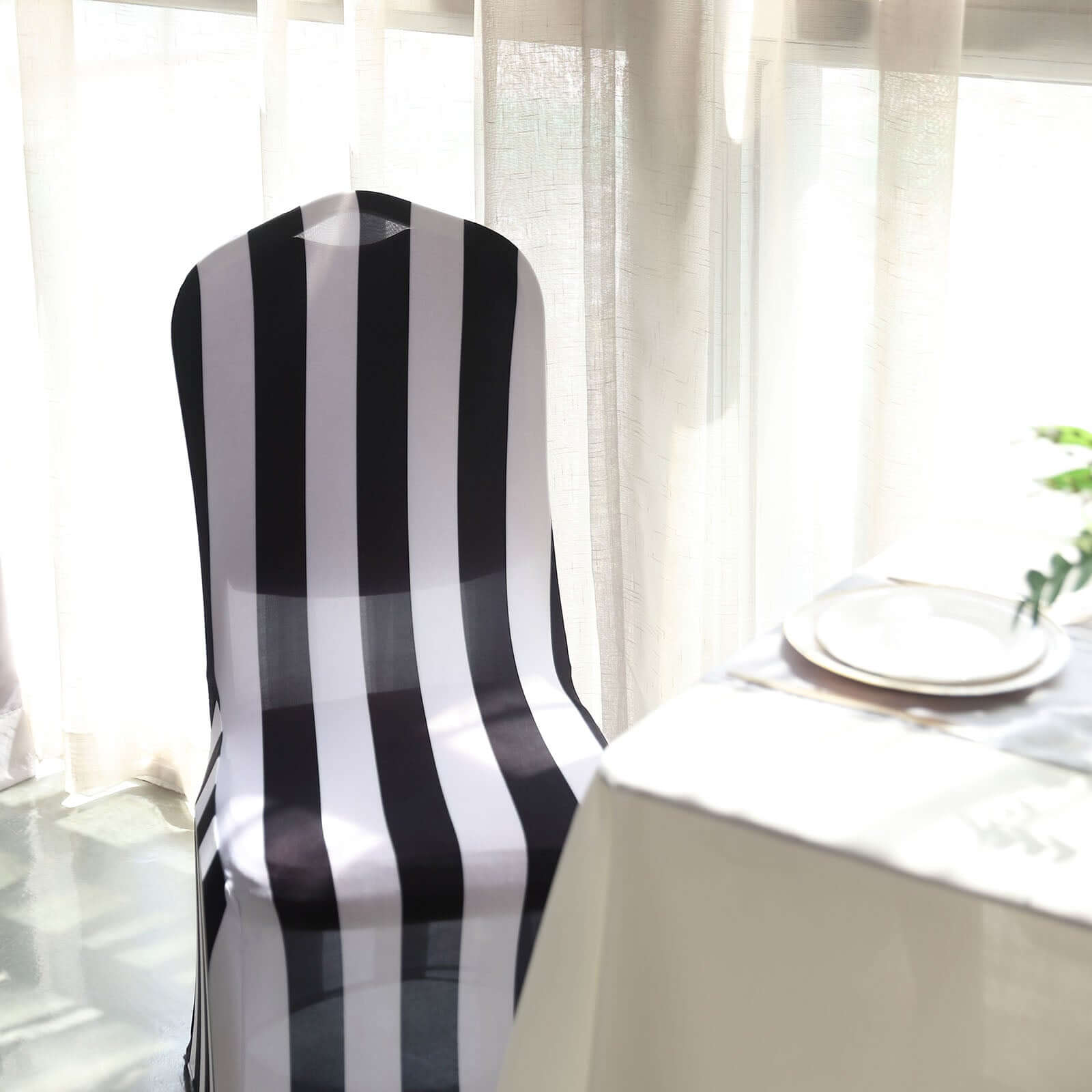 Spandex Chair Cover with Foot Pockets for Banquet Chairs Black/White 2 Stripes - Durable 160GSM Fitted Slipcover for Weddings & Gatherings