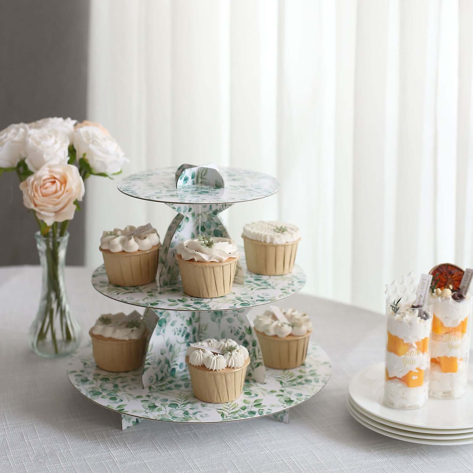 3-Tier Cardboard Cupcake Stand White with Green Eucalyptus Leaves Pattern - Reusable Dessert Display Stand Round Serving Platter for High-Tea Gatherings Weddings & Spring Celebrations 11