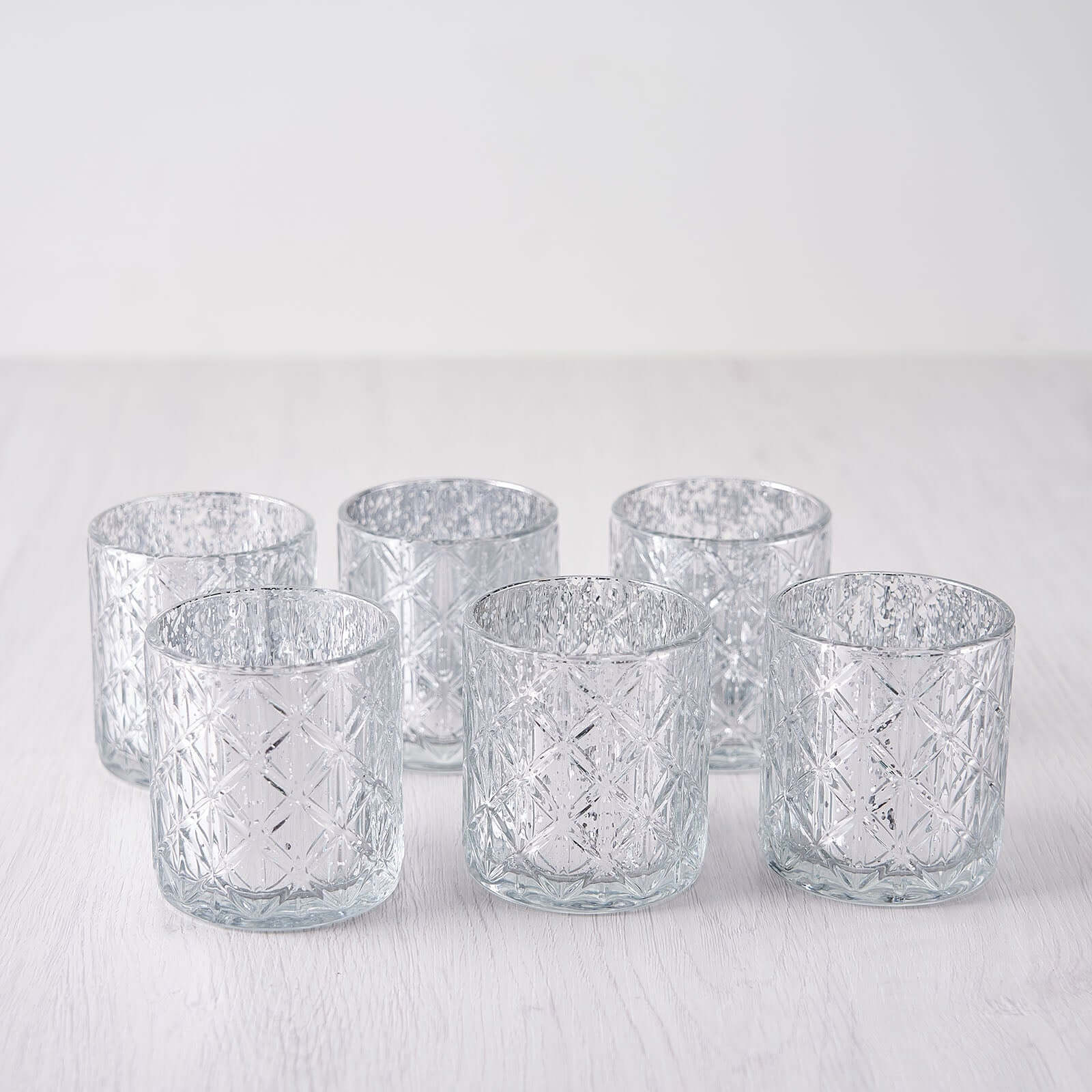 6-Pack Mercury Glass Candle Holders Shiny Silver with Geometric Design - Votive Tealight Holders 3