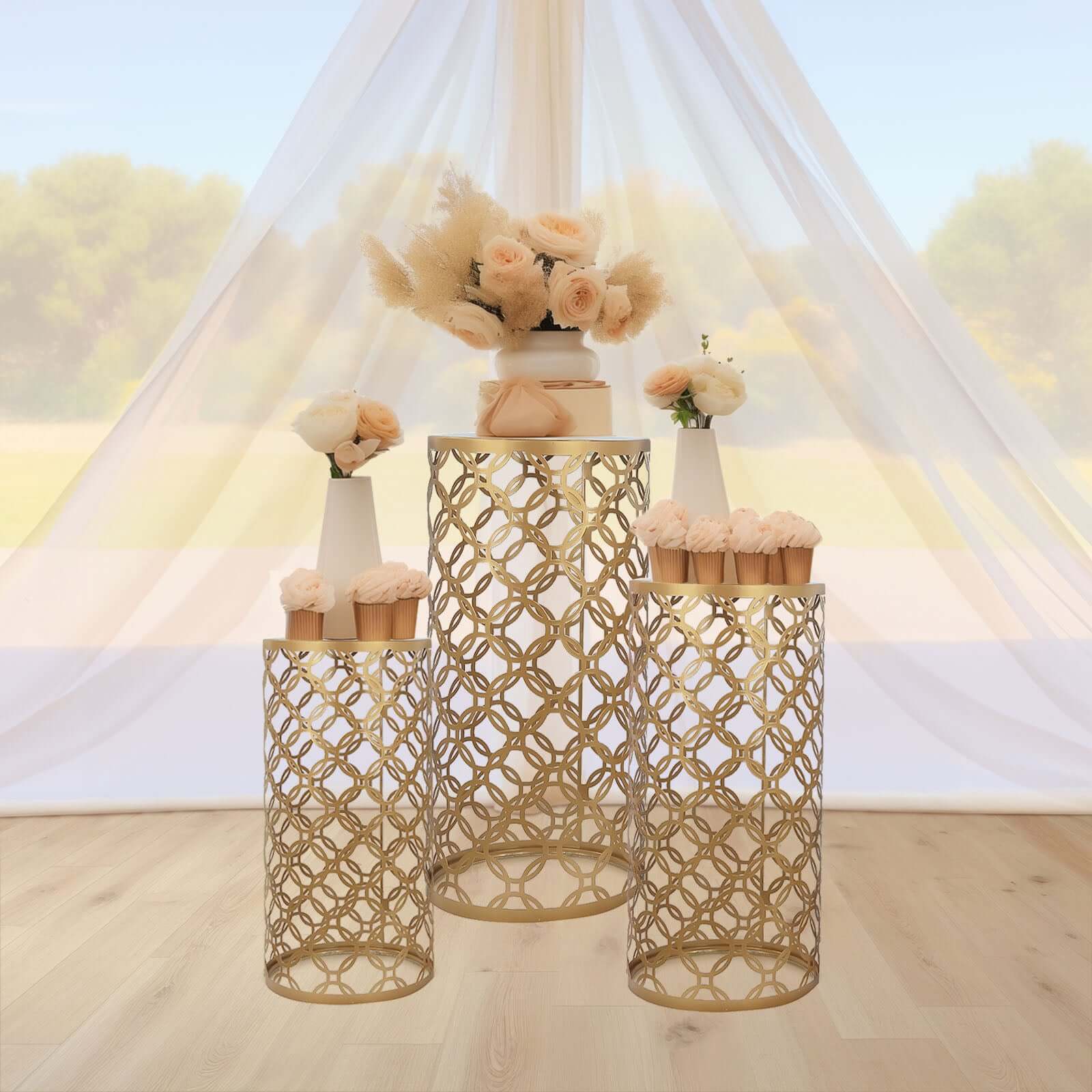 Set of 3 Gold Metal Cylinder Pillar Cake Display Stands, Round Mesh Plinth Pedestal Stand in Hollow Overlapping Circles Pattern - 22,24,30