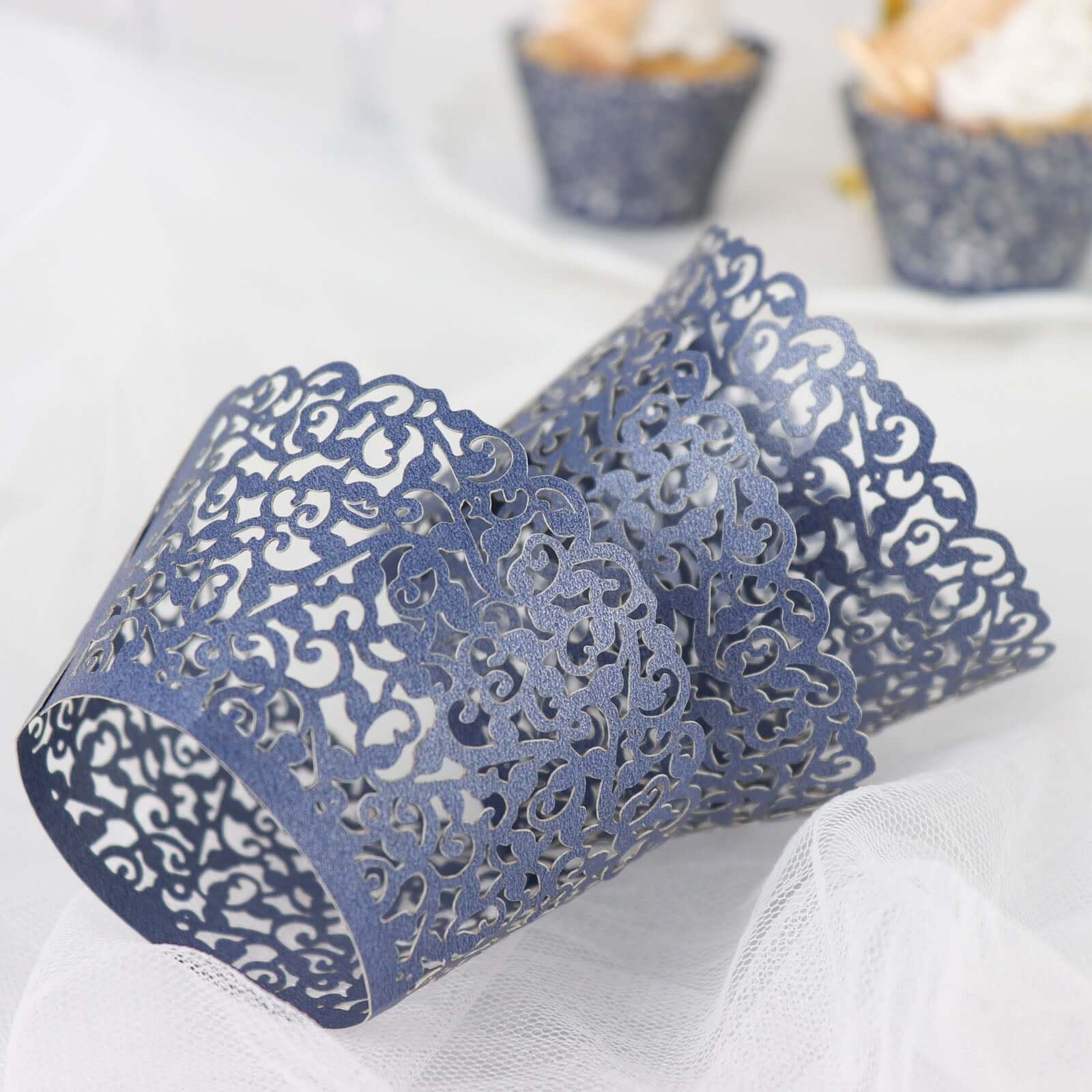 25-Pack Paper Cupcake Wrappers Lace Laser Cut Design Navy Blue - Muffin Baking Cup Trays for Events