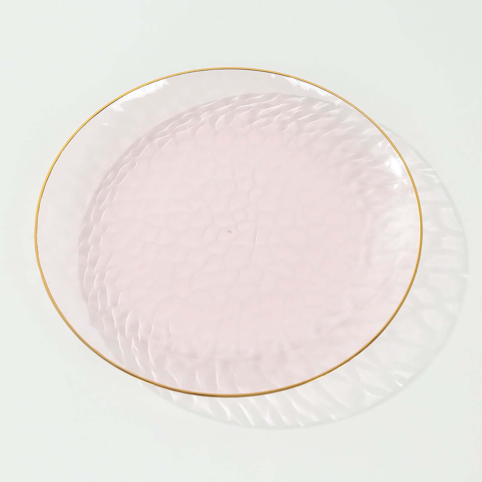 10-Pack Plastic 9 Round Dinner Plates in Transparent Blush Hammered Design with Gold Rim - Modern Disposable Party Plates