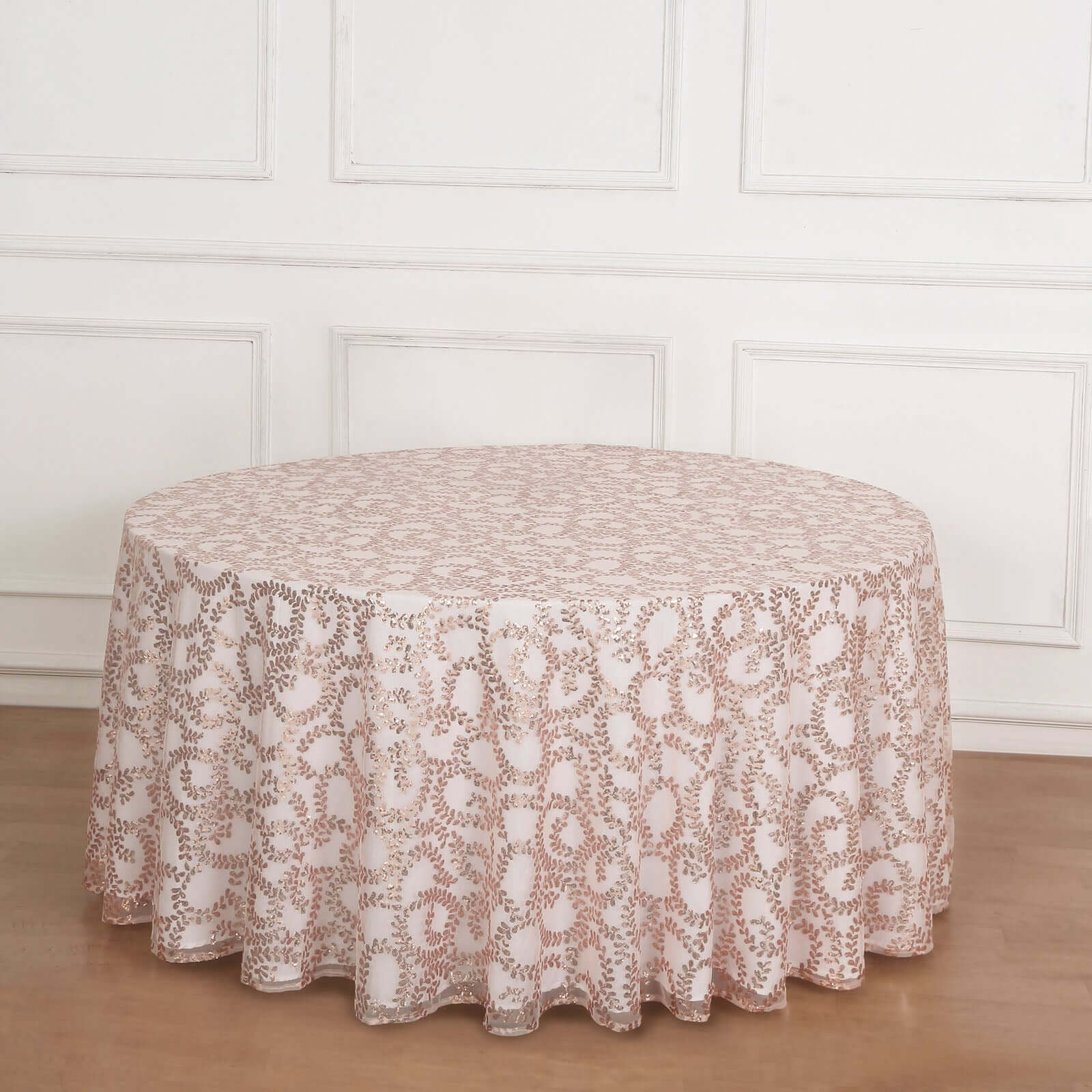 Tulle 120 Round Tablecloth Rose Gold - Seamless Sequin Leaf Embroidered Table Cover