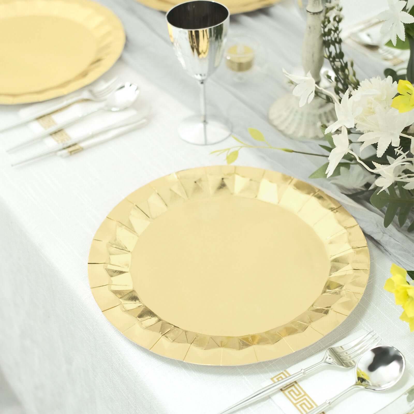 25-Pack Paper 12 Round Charger Plates in Metallic Gold with Geometric Prism Design - Disposable 400GSM Serving Trays for Stylish Banquets & Celebrations