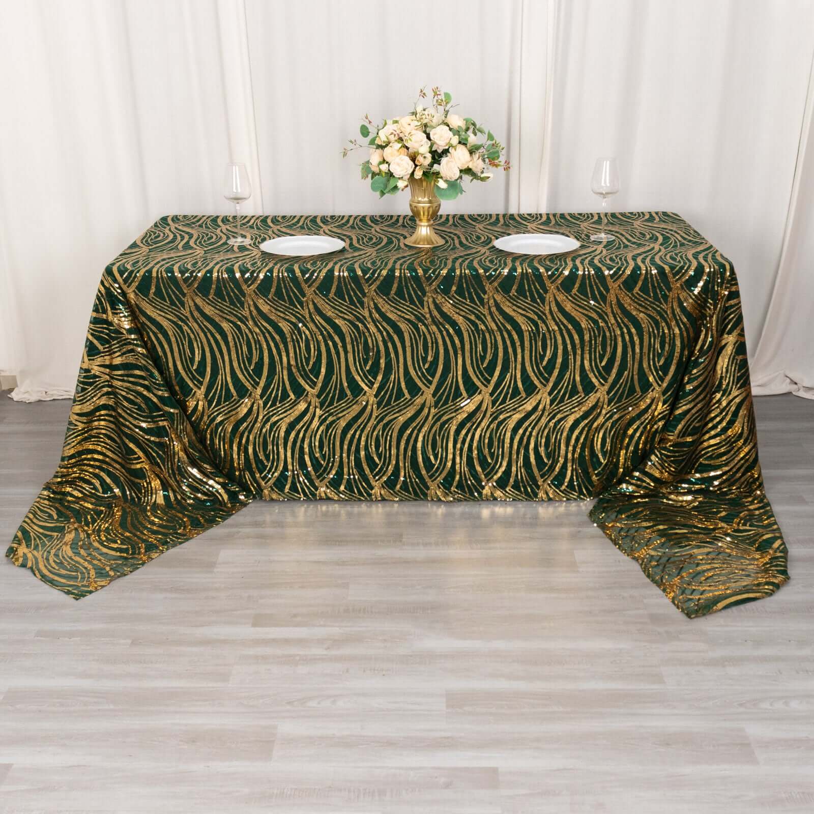 Mesh 90x156 Rectangle Tablecloth Hunter Emerald Green/Gold - Wave Sequin Embroidered Table Cover