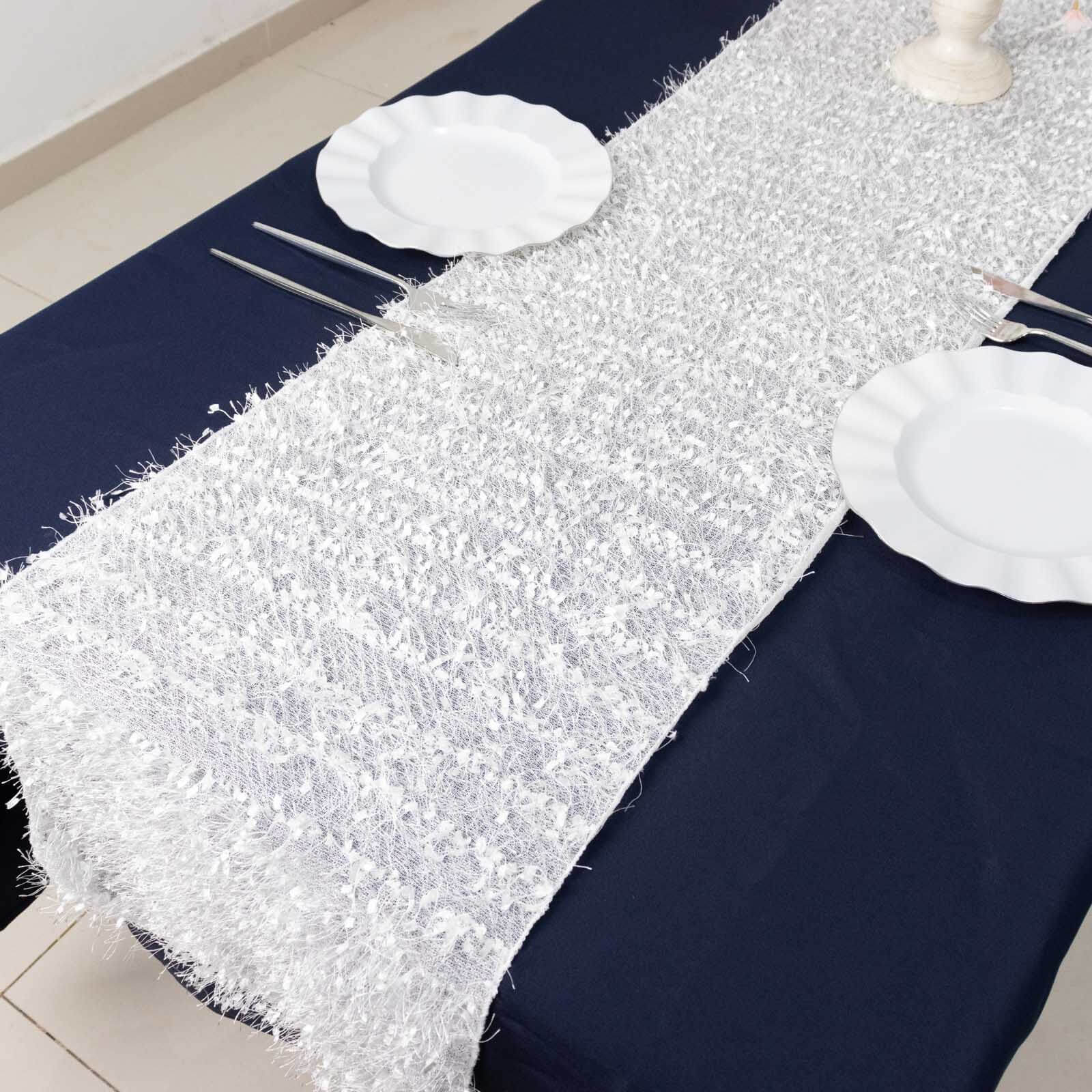 Polyester 12x108 Table Runner White - Fringe Shag Table Decor