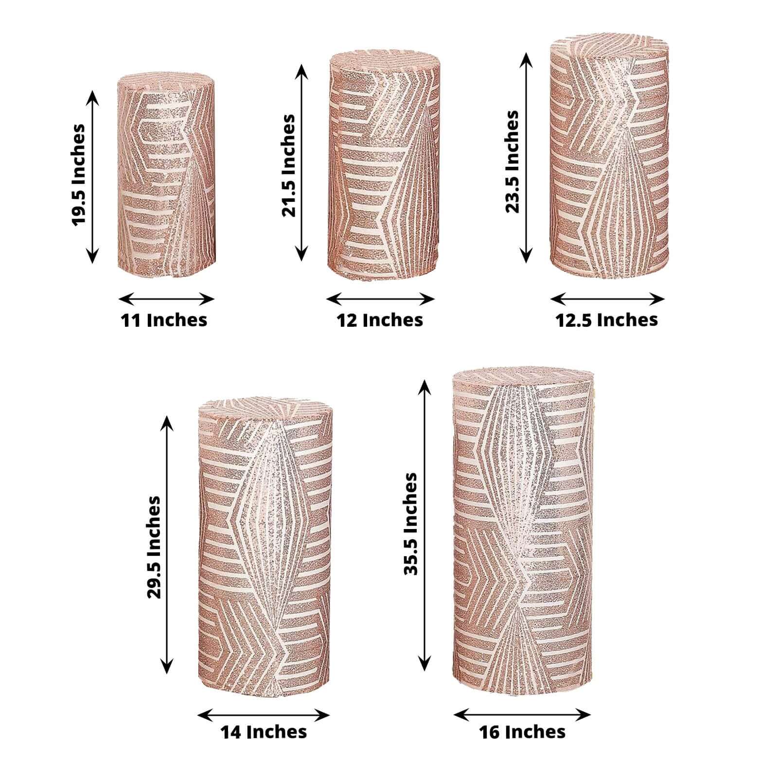 Set of 5 Rose Gold Sequin Mesh Cylinder Pedestal Stand Covers with Geometric Pattern Embroidery, Sparkly Sheer Tulle Pillar Prop Covers