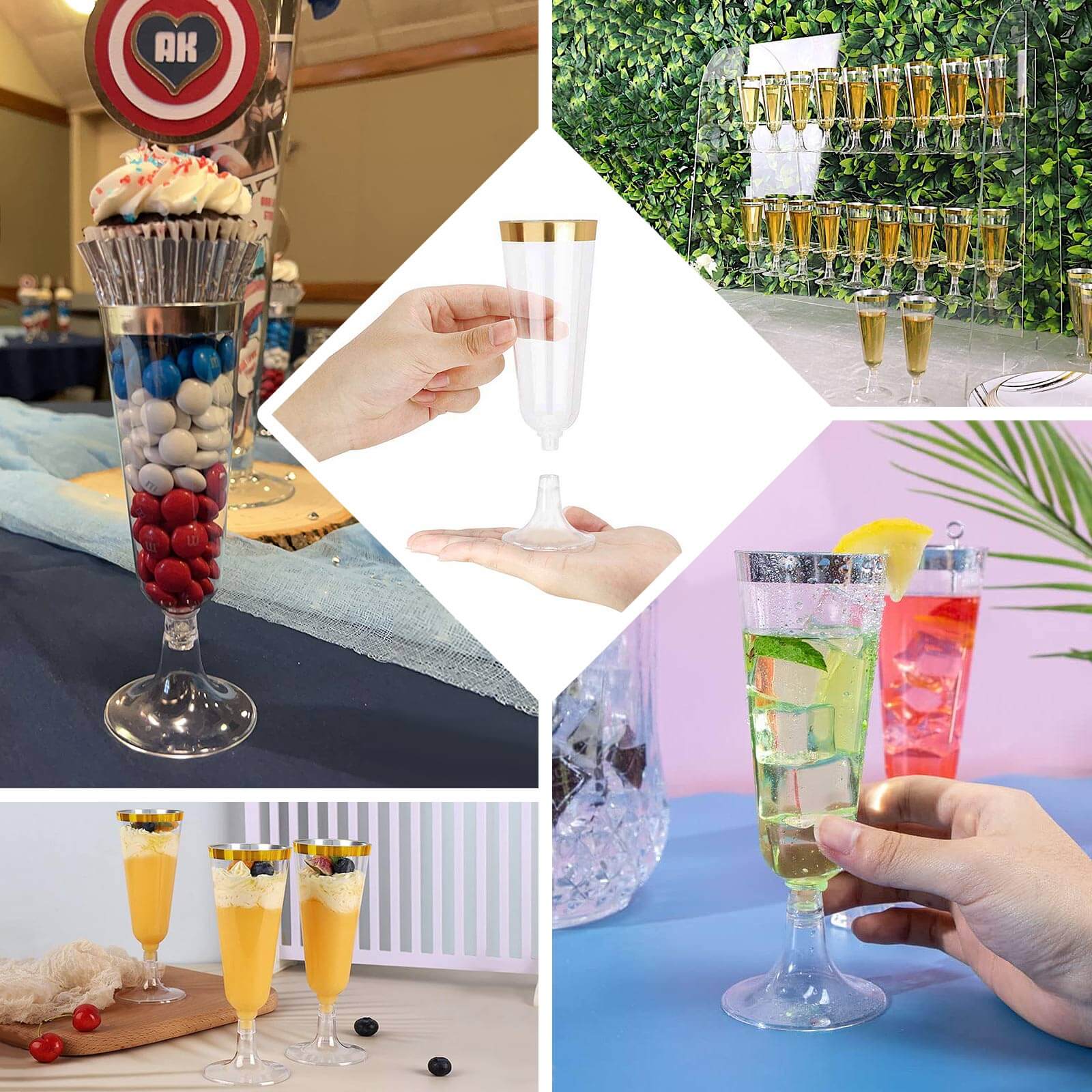 12-Pack Plastic Champagne Flutes Clear with Gold Rim - Stylish Disposable Cocktail Glasses for Parties 5oz 6