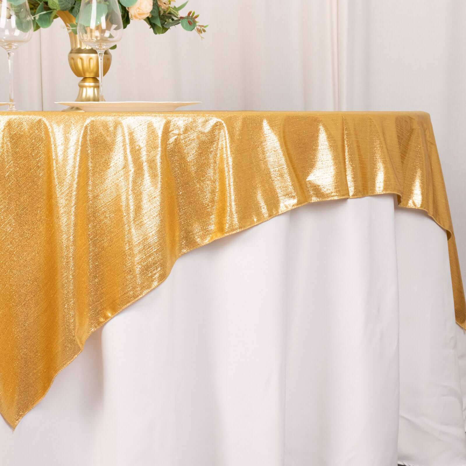 Polyester 72x72 Table Overlay Square Tablecloth Gold Shimmer Sequin Dots Wrinkle-Free Design for Stylish Celebrations