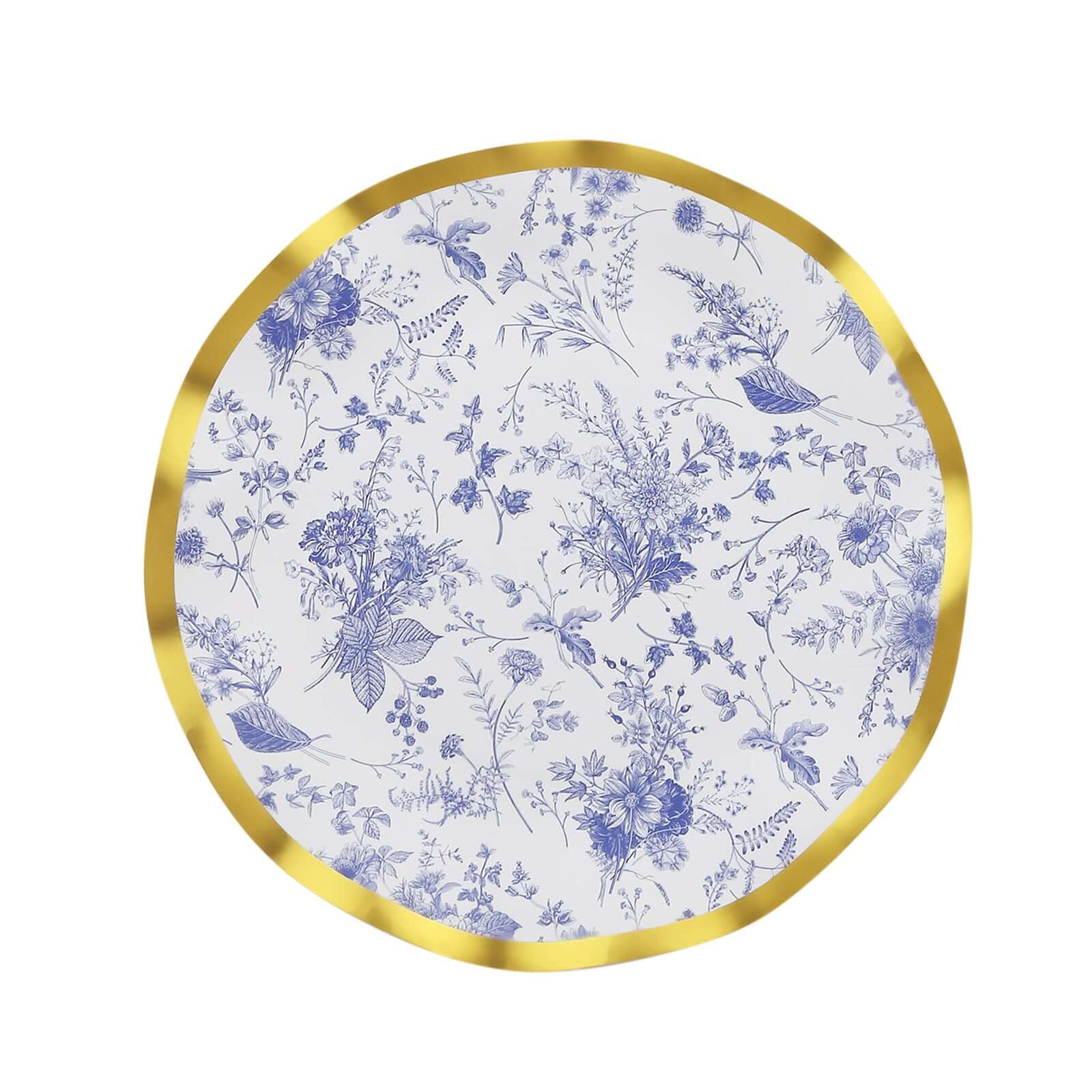 25-Pack Paper Round Dinner Plates 10 in White with Blue French Toile Pattern & Gold Wavy Rim - Disposable 350GSM Party Plates