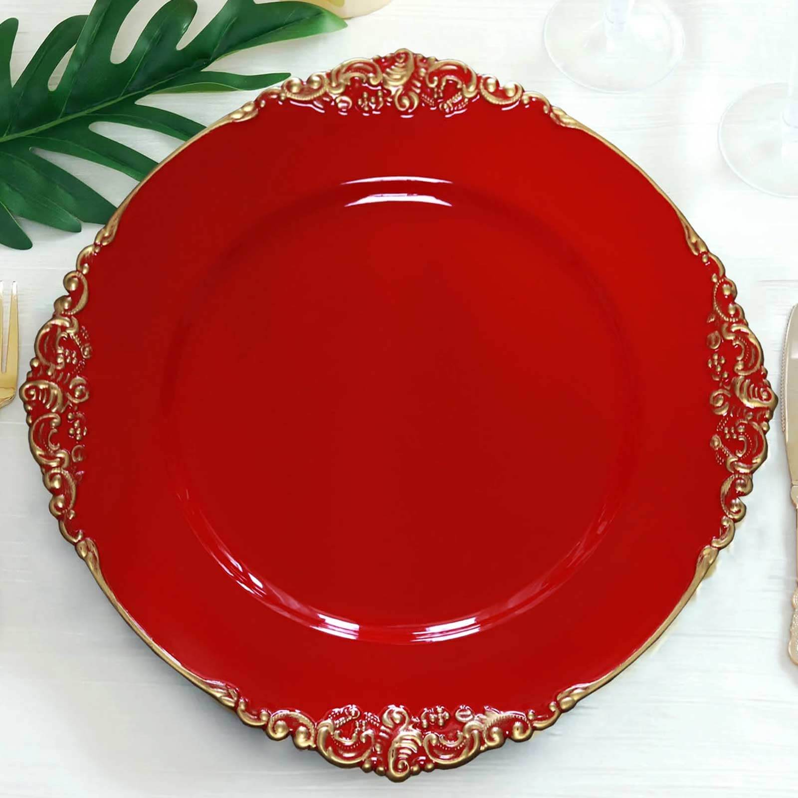 6-Pack Acrylic Round Charger Plates 13 in Red with Gold Embossed Baroque Rim, Antique Decorative Dinner Party Charger Tableware