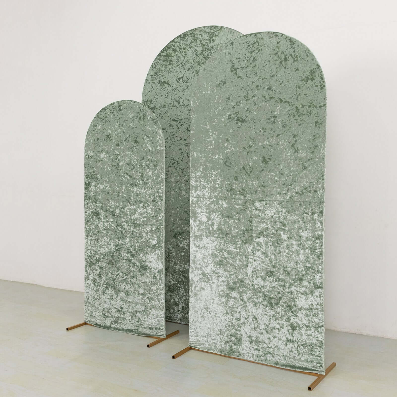 Set of 3 Sage Green Crushed Velvet Chiara Backdrop Stand Covers For Round Top Wedding Arches - 5ft, 6ft, 7ft