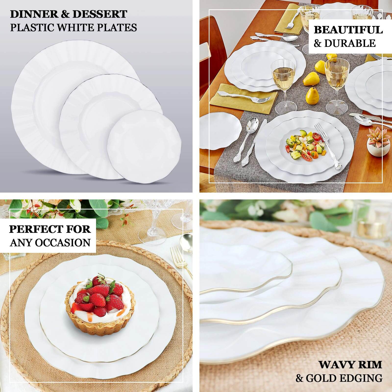 10-Pack Plastic Round 6 Dessert Plates in White Ruffled Rim with Gold Edging - Sturdy Disposable Salad Appetizer Dinnerware for Classy Events & Banquets