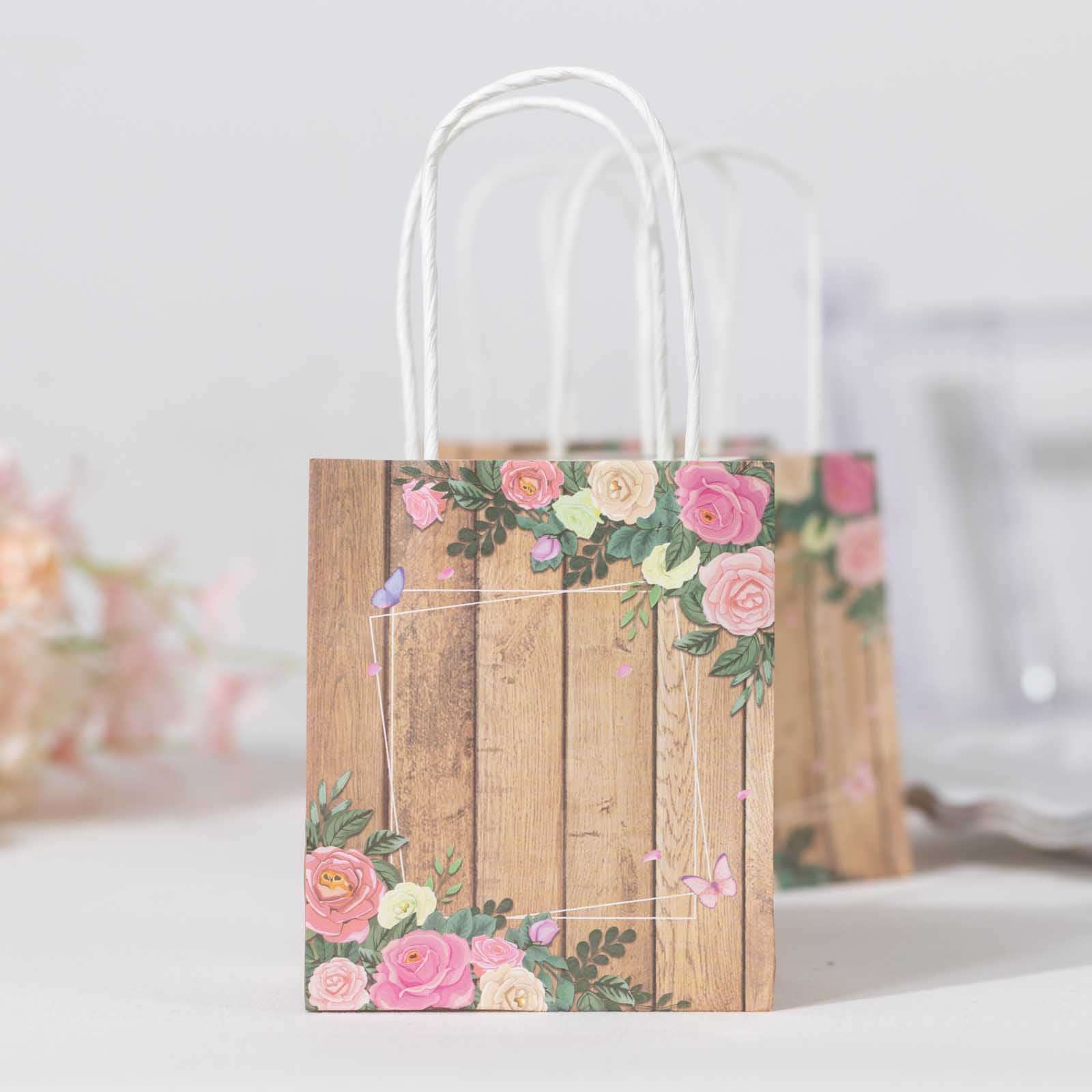 12 Pack Natural Wood Print Paper Party Favor Bags with Rose Floral Accent, Small Gift Goodie Bags With Handles - 4x5