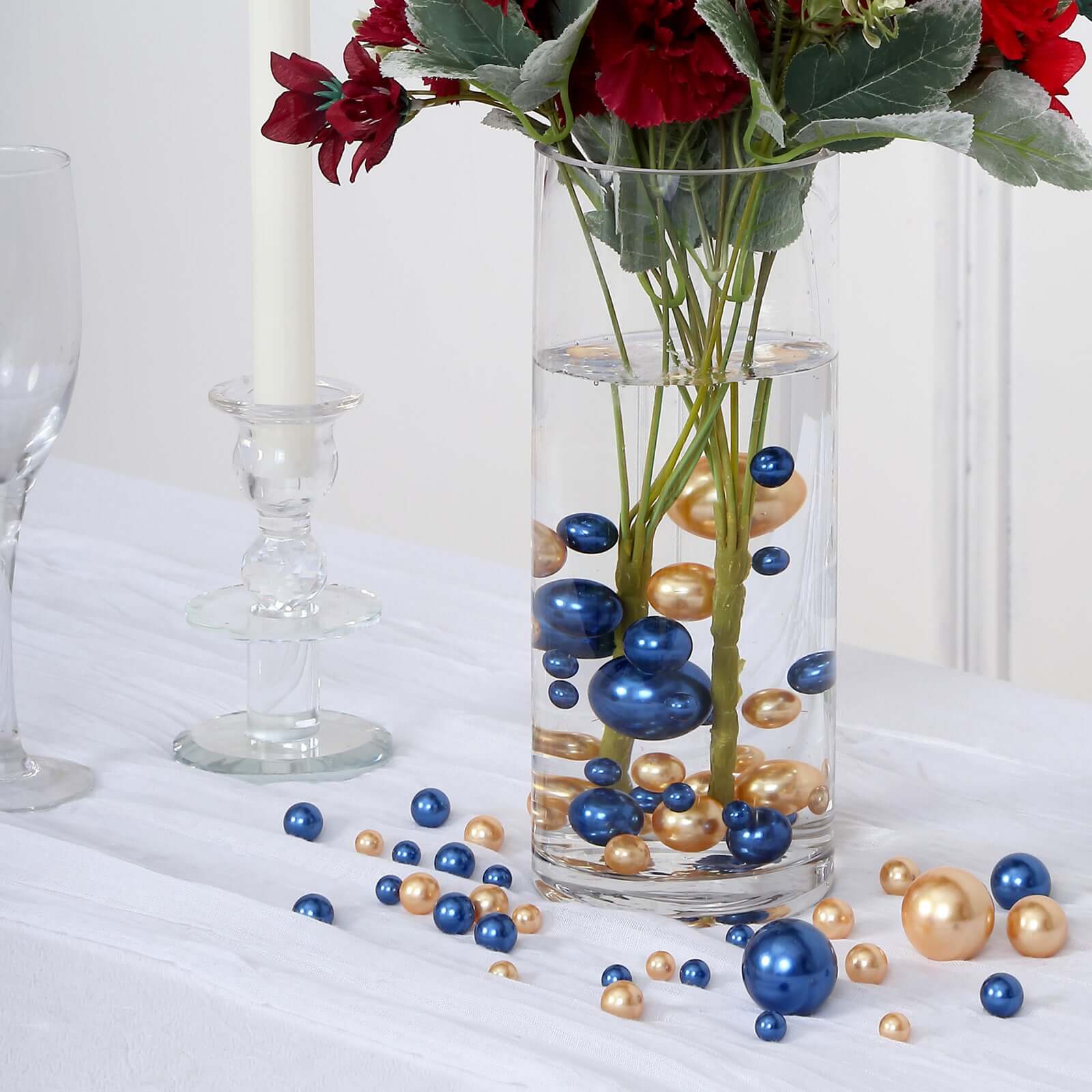 200Pcs Assorted Pearl Beads Vase Fillers in Navy Blue and Gold - Lustrous DIY Craft Bead Set