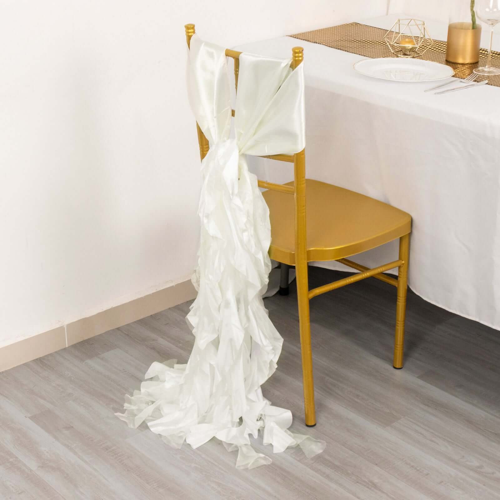 5 Pack Chiffon Satin Chair Sashes Ivory - Easy to Install Ruffled Curly Willow