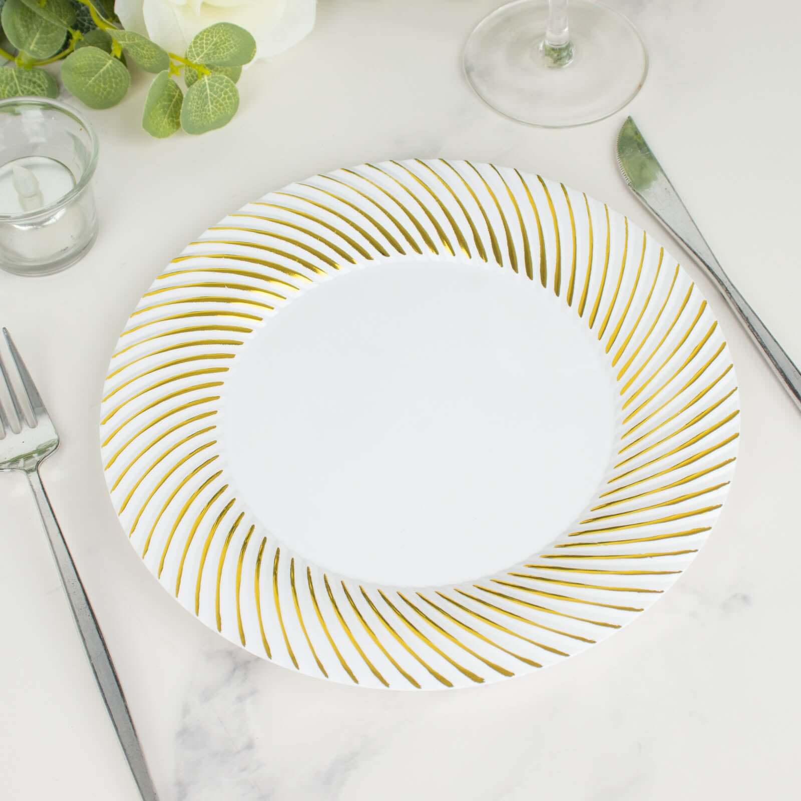 10-Pack Plastic 9 Round Dinner Plates White with Gold Swirl Rim - Disposable Party Plates