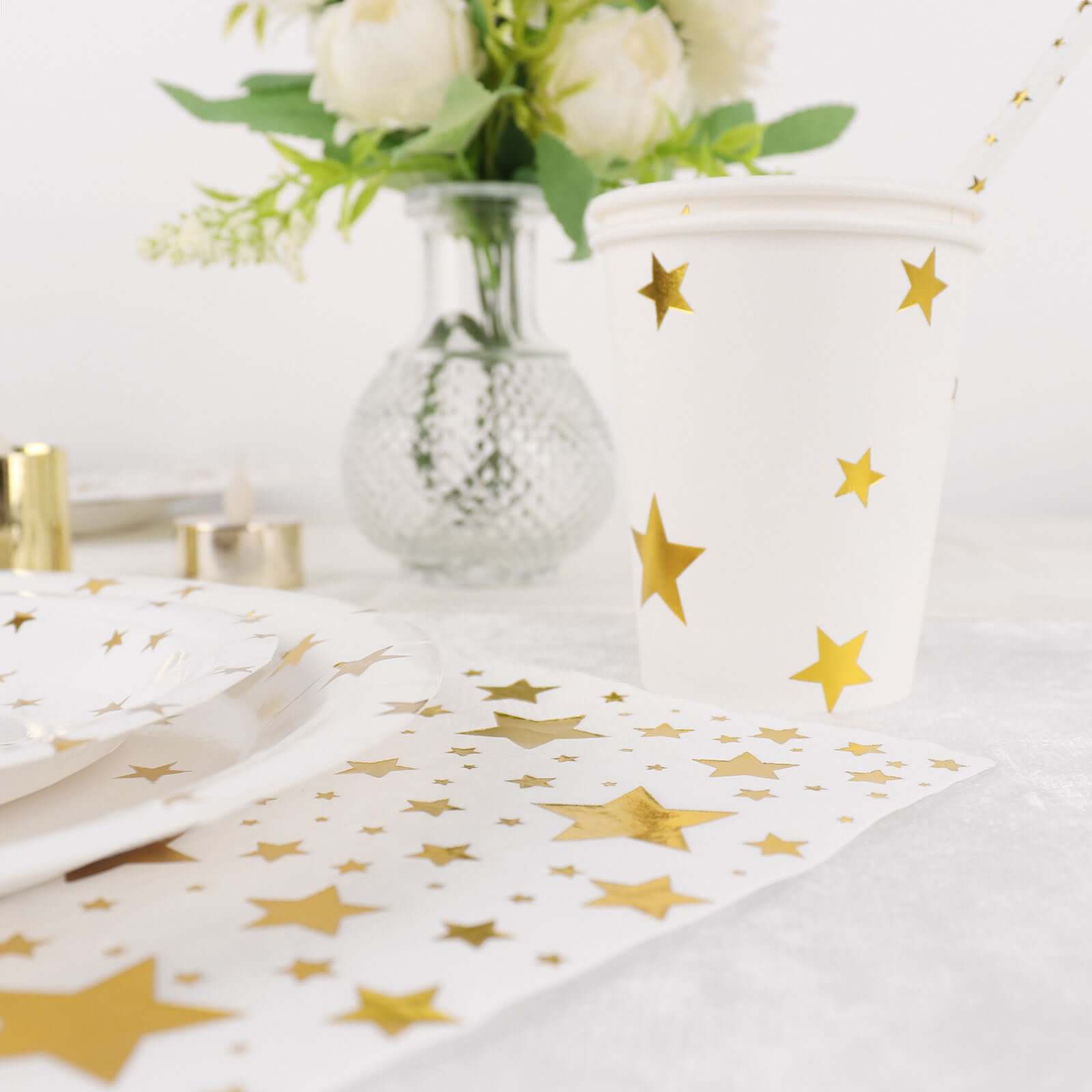 120 Pcs Paper Dinnerware Set White with Gold Stars Design - Disposable Tableware Combo-Pack with Plates, Cups, and Napkins