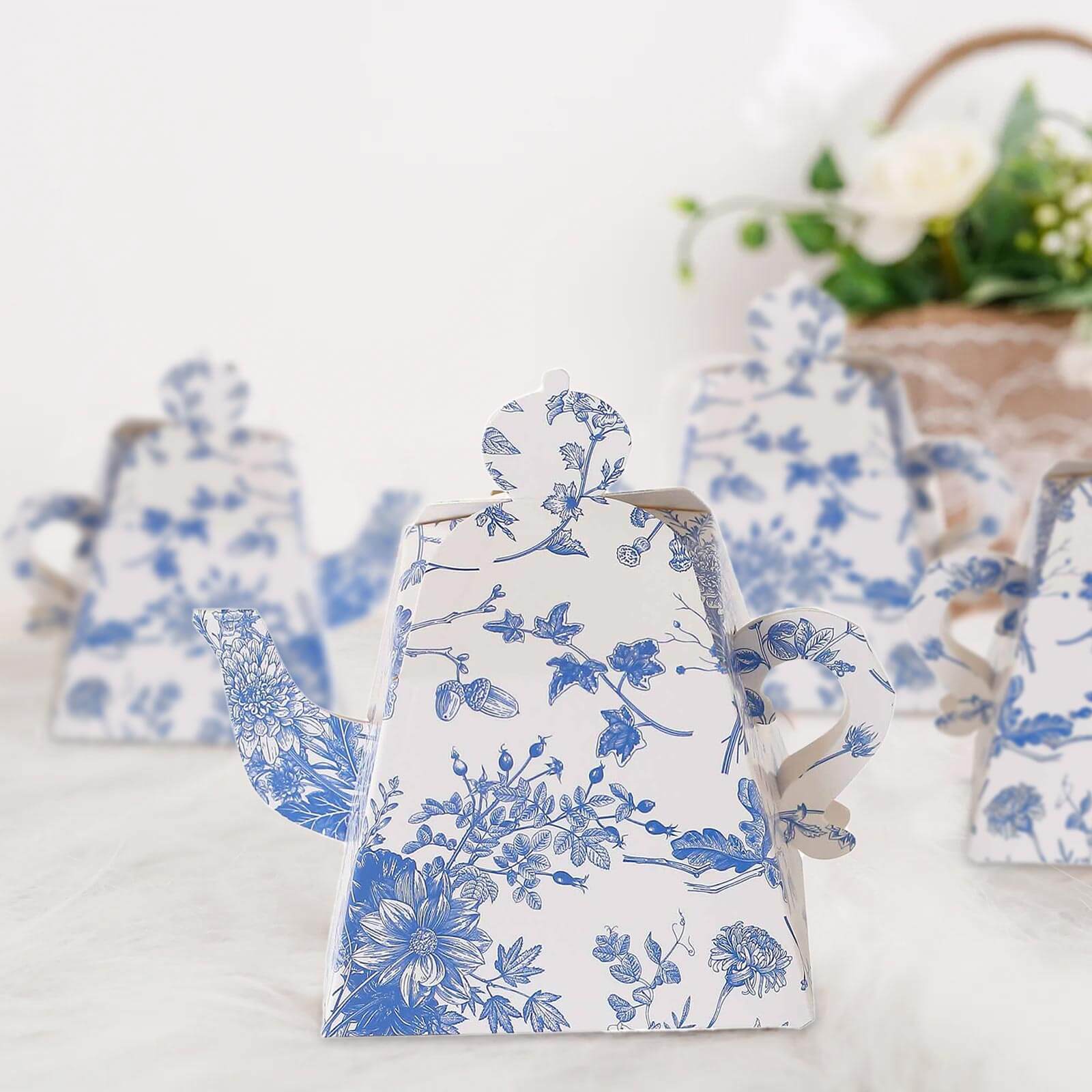 25 Pack White Blue Mini Teapot Party Favor Boxes in French Toile Pattern, Tea Time Gift Boxes - 5x4