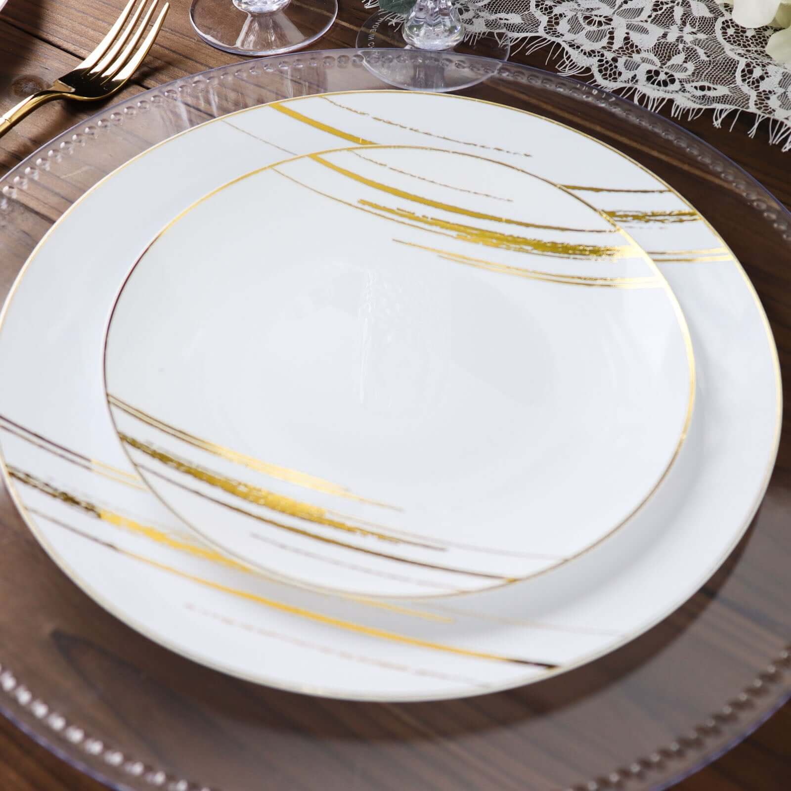 10-Pack Plastic 10 Round Dinner Plates in White with Gold Brush Stroked Print - Disposable Party Dinnerware for Modern Themed Events & Banquets