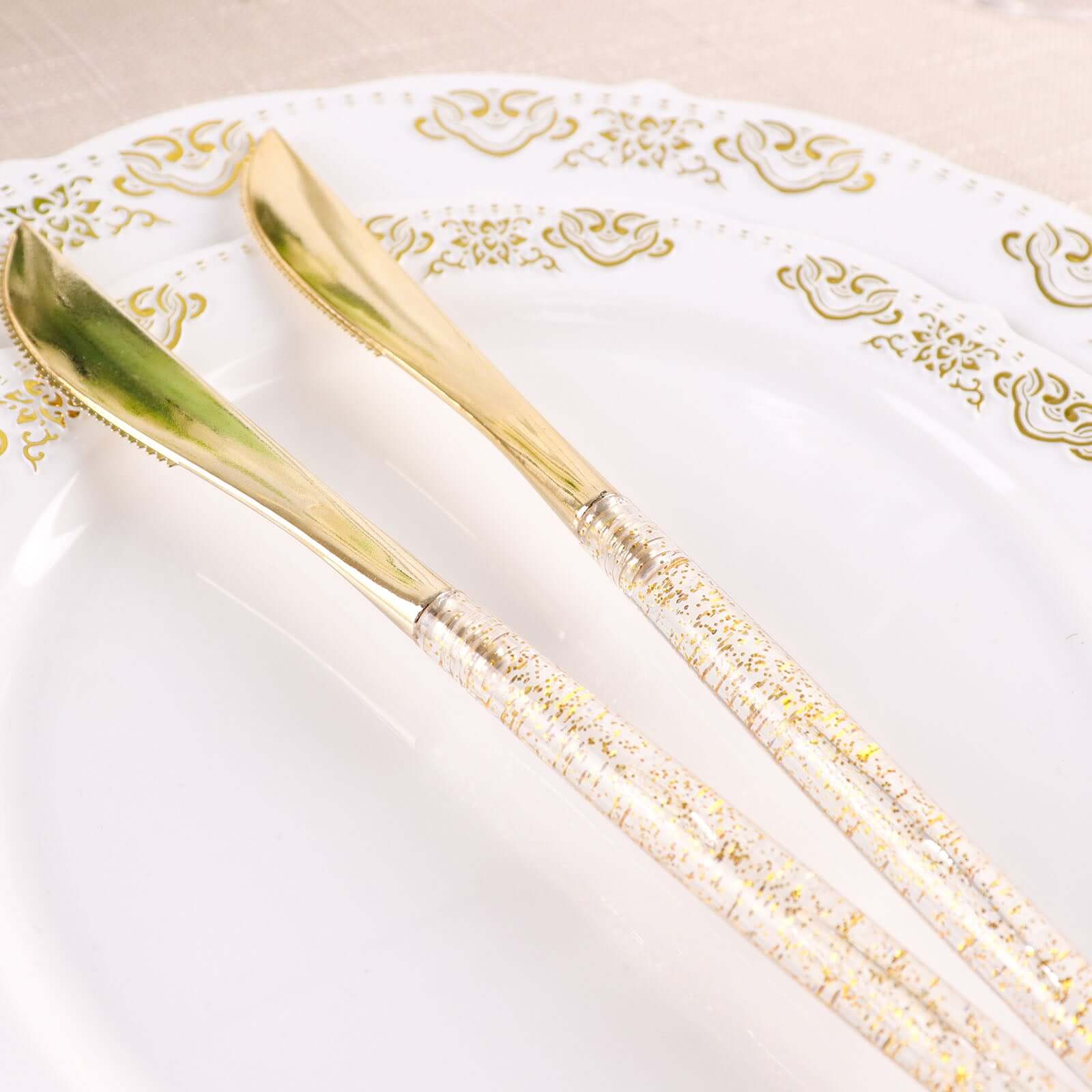 24-Pack Plastic Knives with Gold Glitter - Disposable Silverware Cutlery for Events