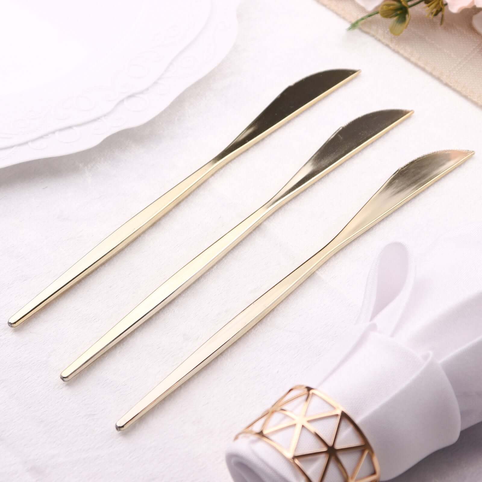 24-Pack Plastic Knives Glossy Gold - Premium Heavy Duty Disposable Flatware Cutlery 8