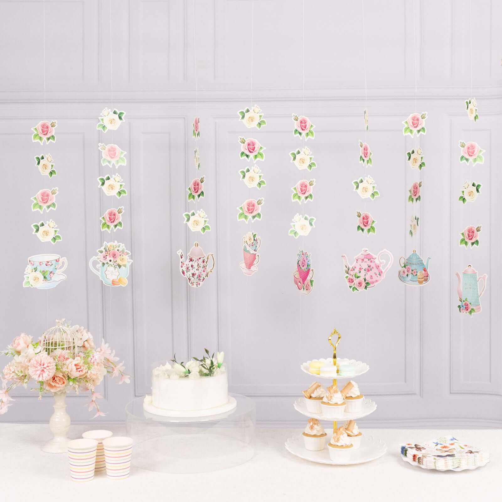 8 Pack Double Sided Floral Tea Party Paper Garland, 40 Pre-Assembled Mixed Teapot Banner Hanging Decorations