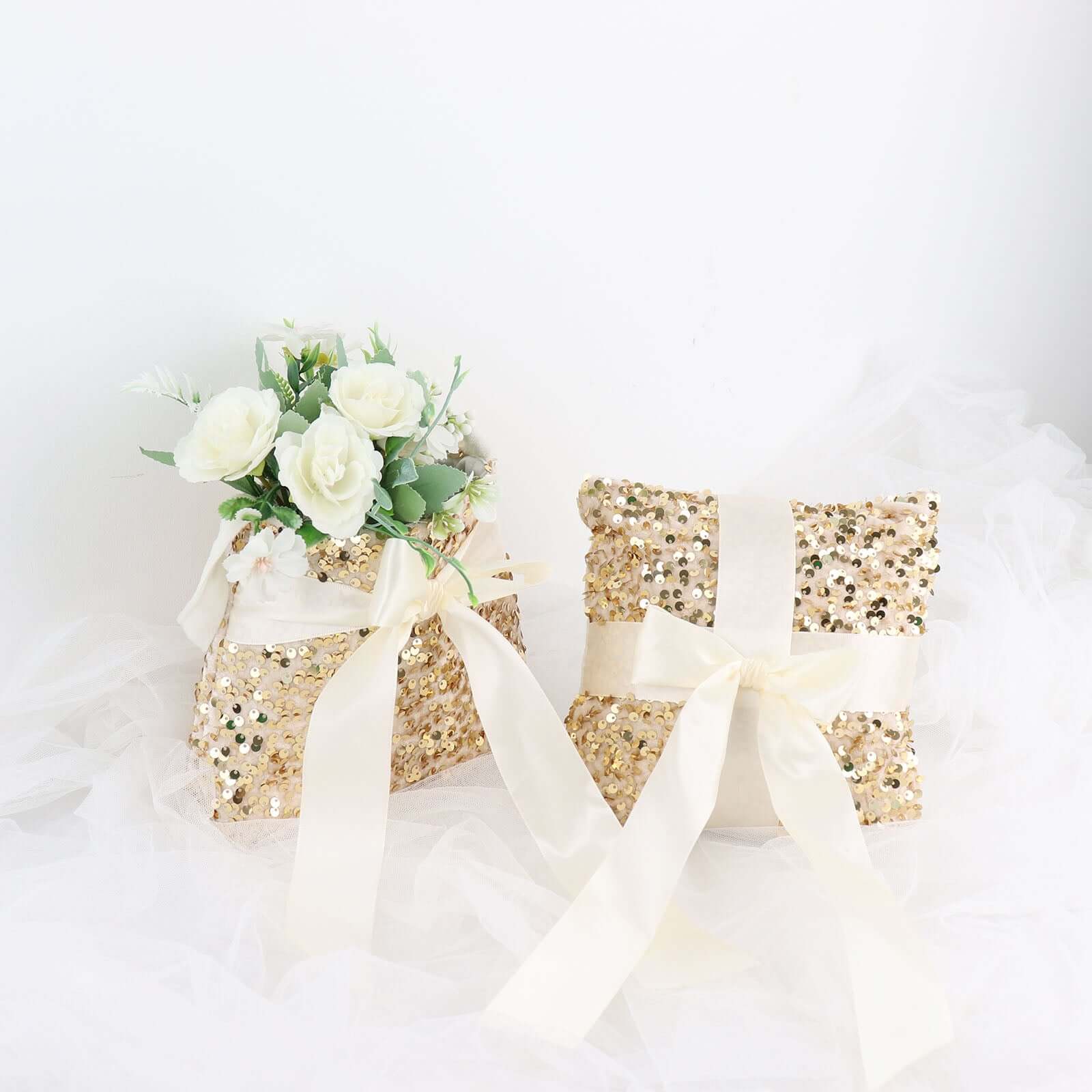 1 Set Gold Sequin Flower Girl Petal Basket and Ring Bearer Pillow Wedding Set