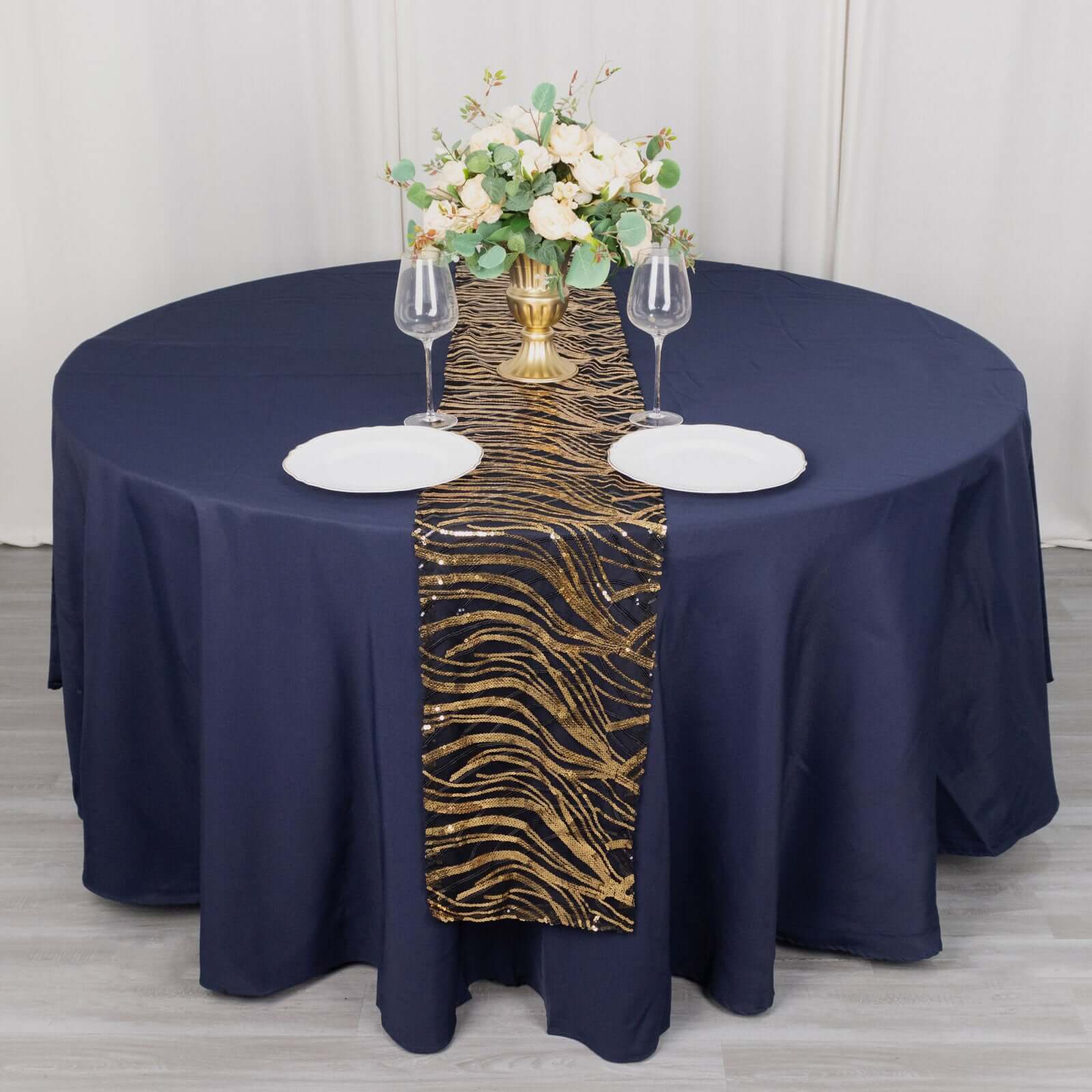 Sequin Mesh 12x108 Table Runner Black Gold Stylish Wave Embroidery