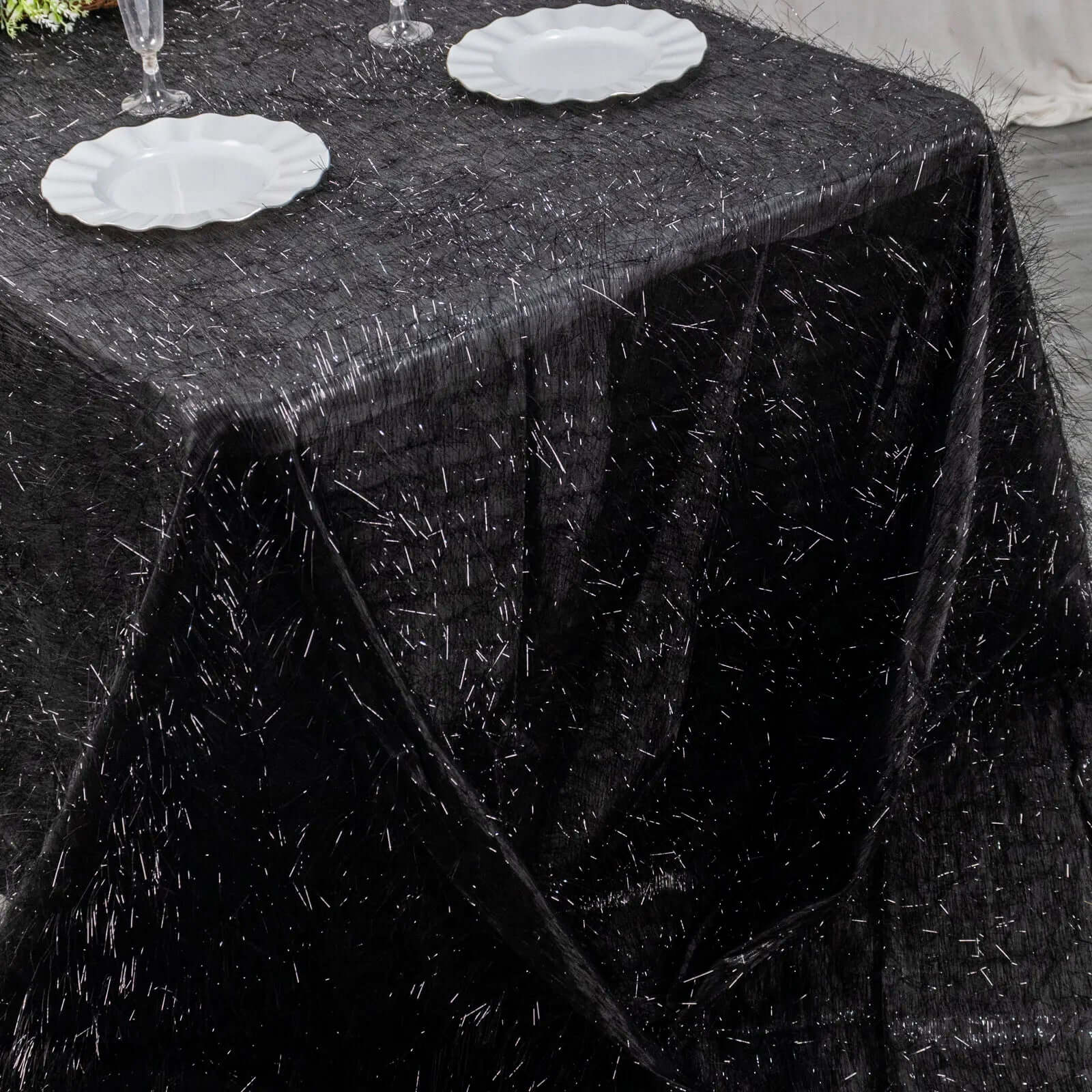 Polyester 90x156 Rectangle Tablecloth Black Metallic Fringe Shag Tinsel Table Cover