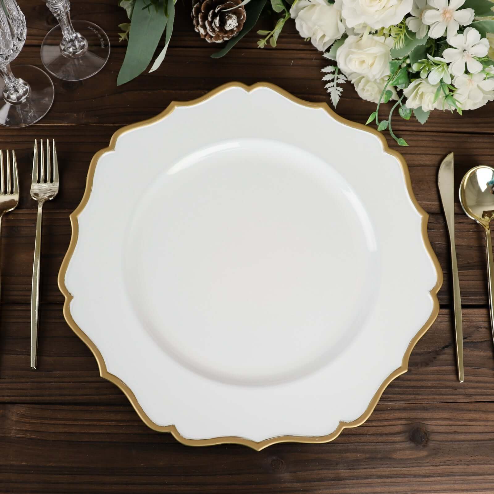 6-Pack Acrylic Round Charger Plates 13 in White with Gold Scalloped Rim, Decorative Dinner Party Plastic Charger Tableware
