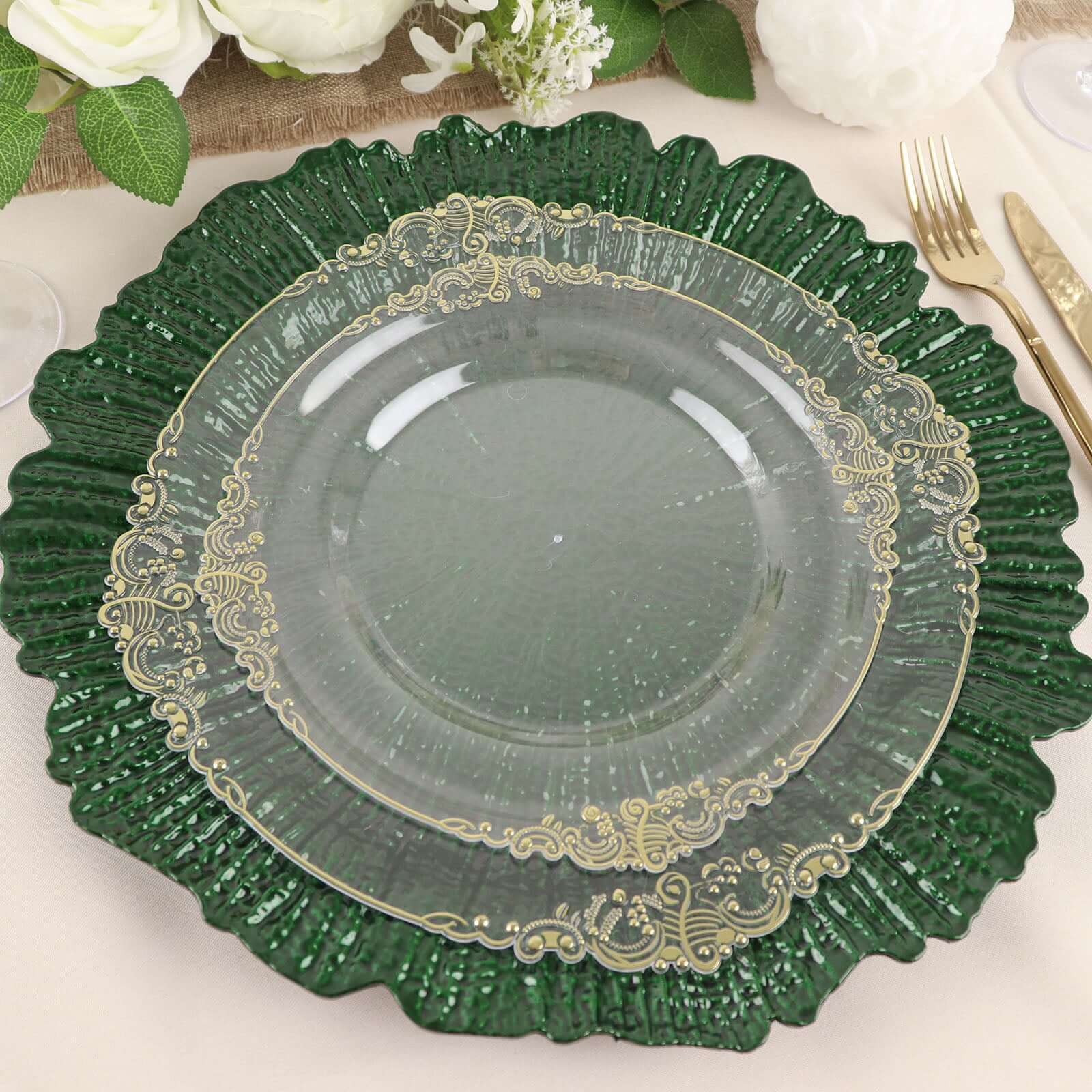 6-Pack Acrylic Plastic Round Charger Plates 13 in Hunter Emerald Green with Reef Design, Dinner Charger Tableware