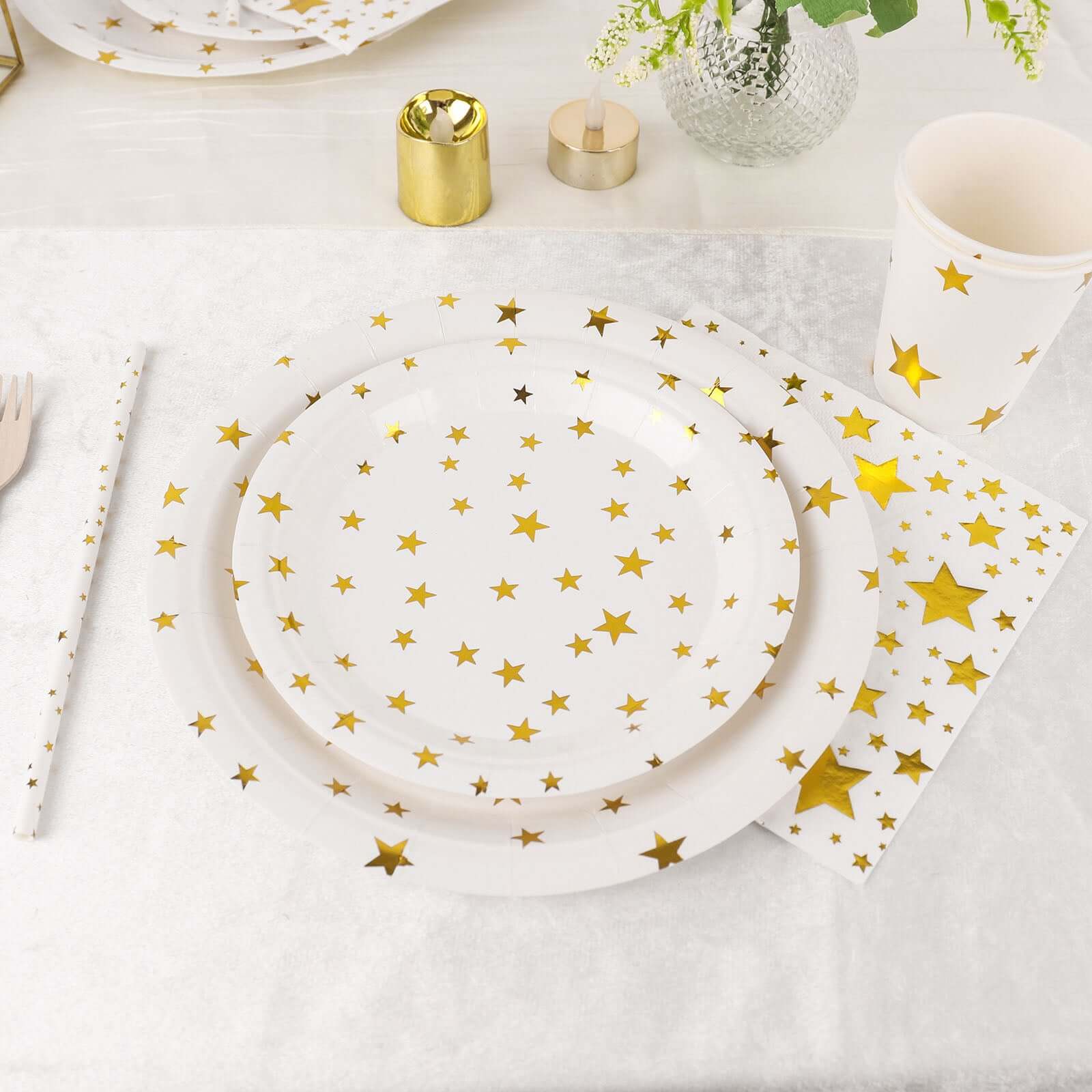 120 Pcs Paper Dinnerware Set White with Gold Stars Design - Disposable Tableware Combo-Pack with Plates, Cups, and Napkins