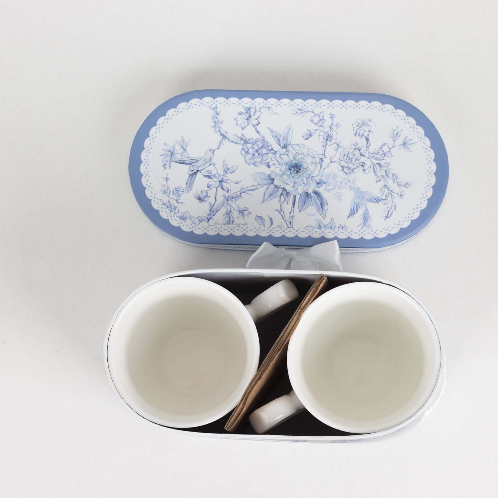 White Blue French Toile Bridal Shower Gift Set, 2 Pack Porcelain Tea Cups With Matching Keepsake Gift Box and Satin Ribbon Handle