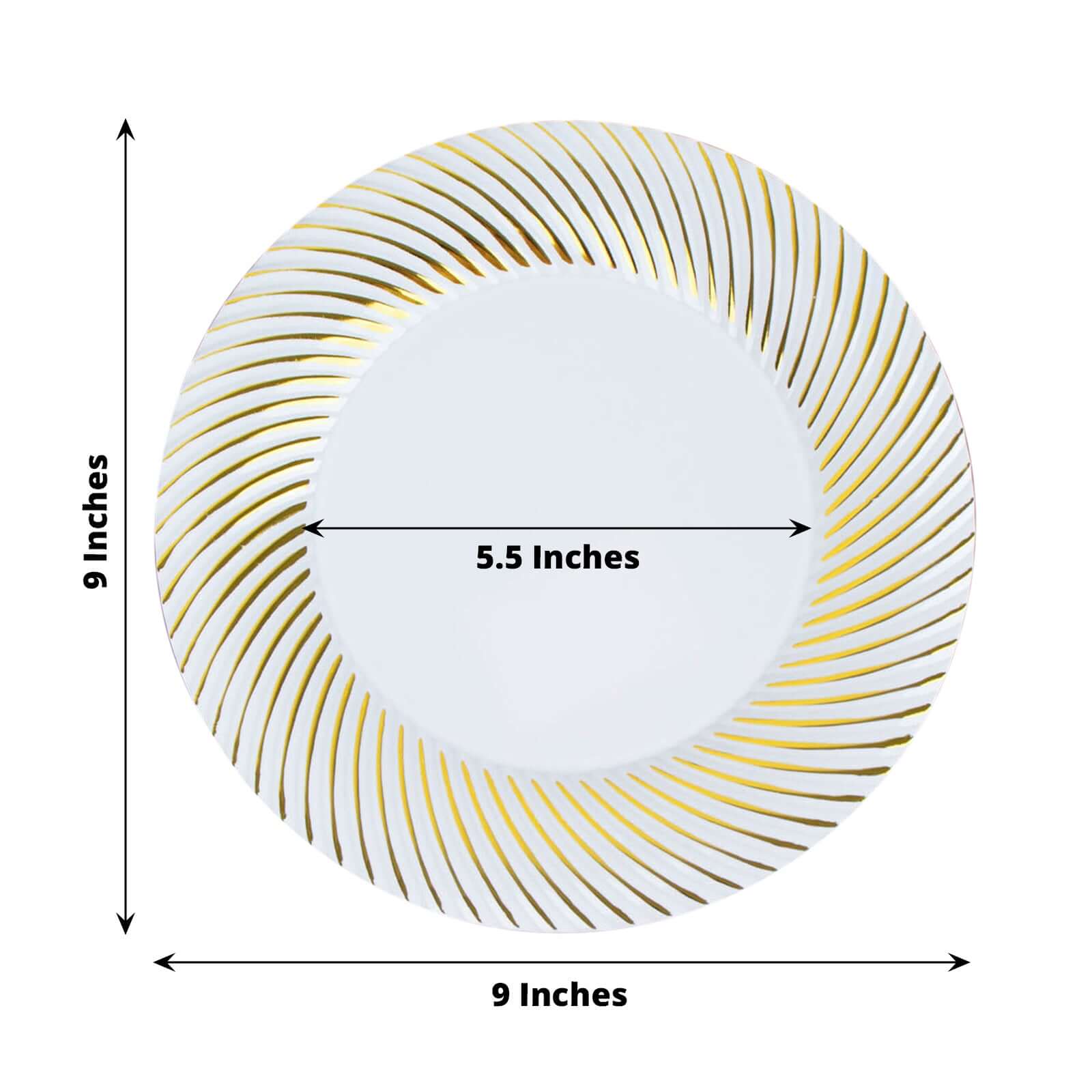 10-Pack Plastic 9 Round Dinner Plates White with Gold Swirl Rim - Disposable Party Plates